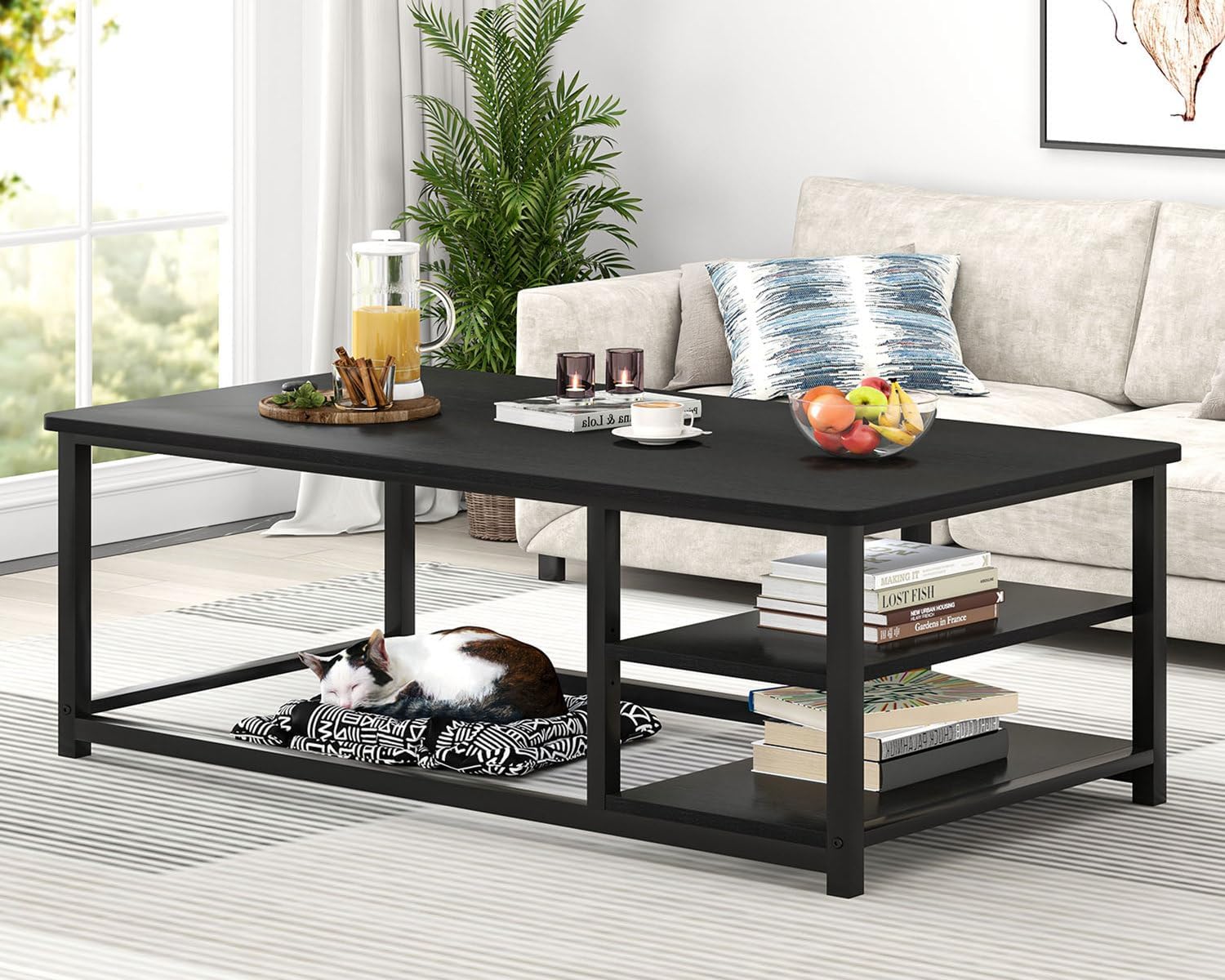 EXCEFUR Black Coffee Table, Rustic Wood Living Room Table with Storage Shelf, Modern Rectangle Center Table, 47 Inch