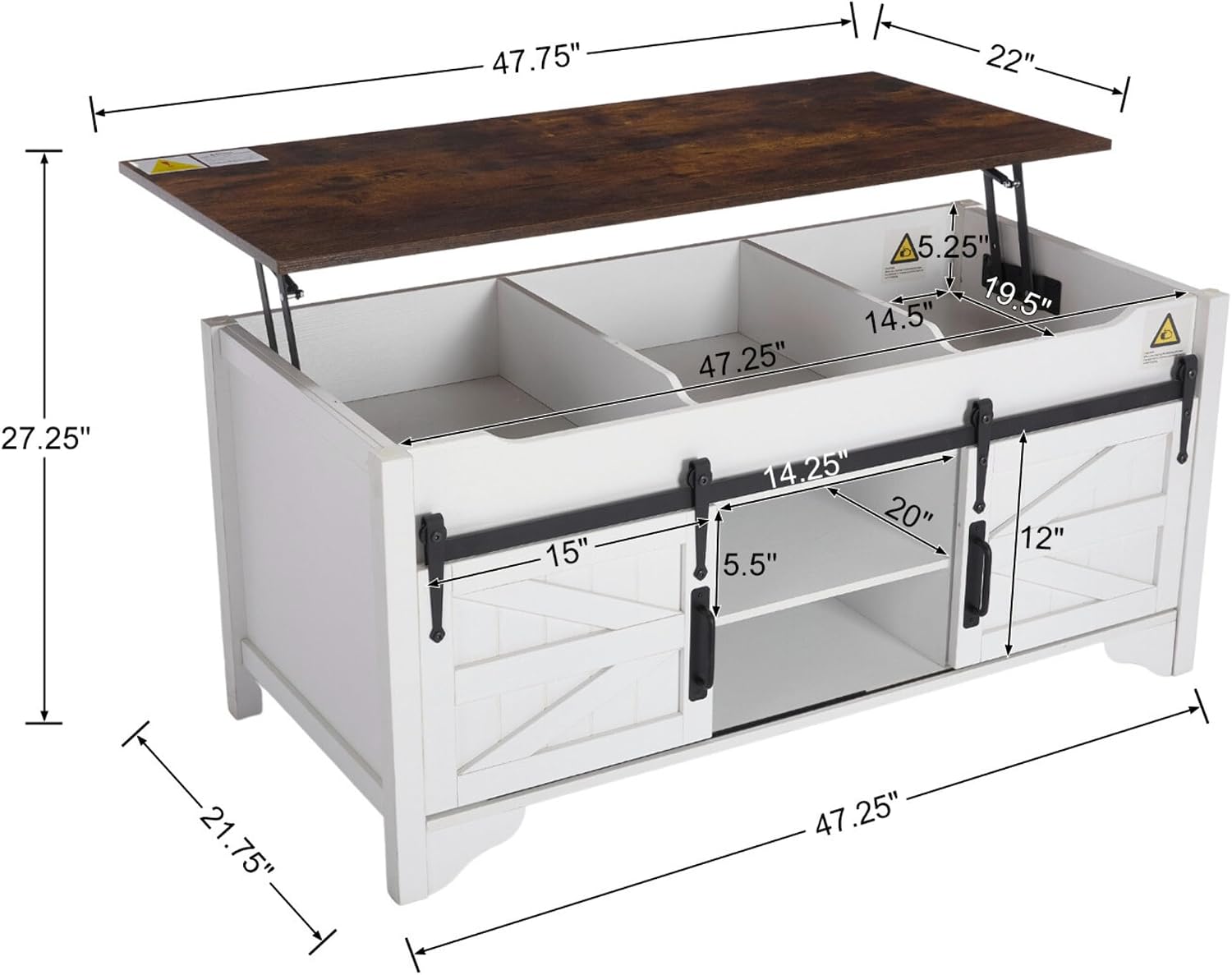 48' W Lift Top Coffee Table with Sliding Barn Door Rustic Rectangle Storage Coffee Tables, Wood Center Table with Hidden Storage Compartment for Home, Office, White and Brown