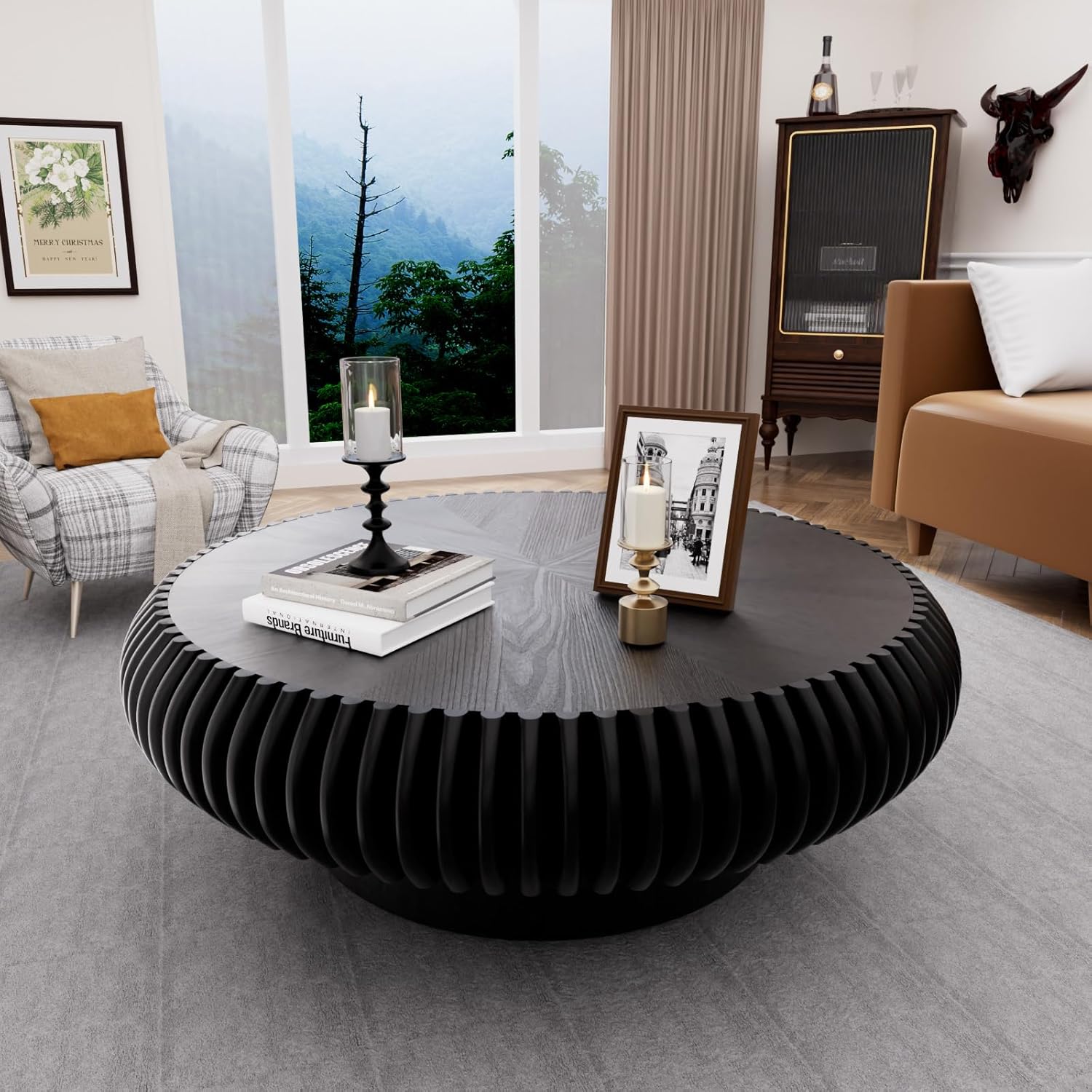 Round Drum Coffee Table with Sturdy Pedestal, Modern Wooden Fluted Coffee Table, Circle Center Table Accent Tea Table for Living Room Apartment Office Reception Room (Black D39.4)