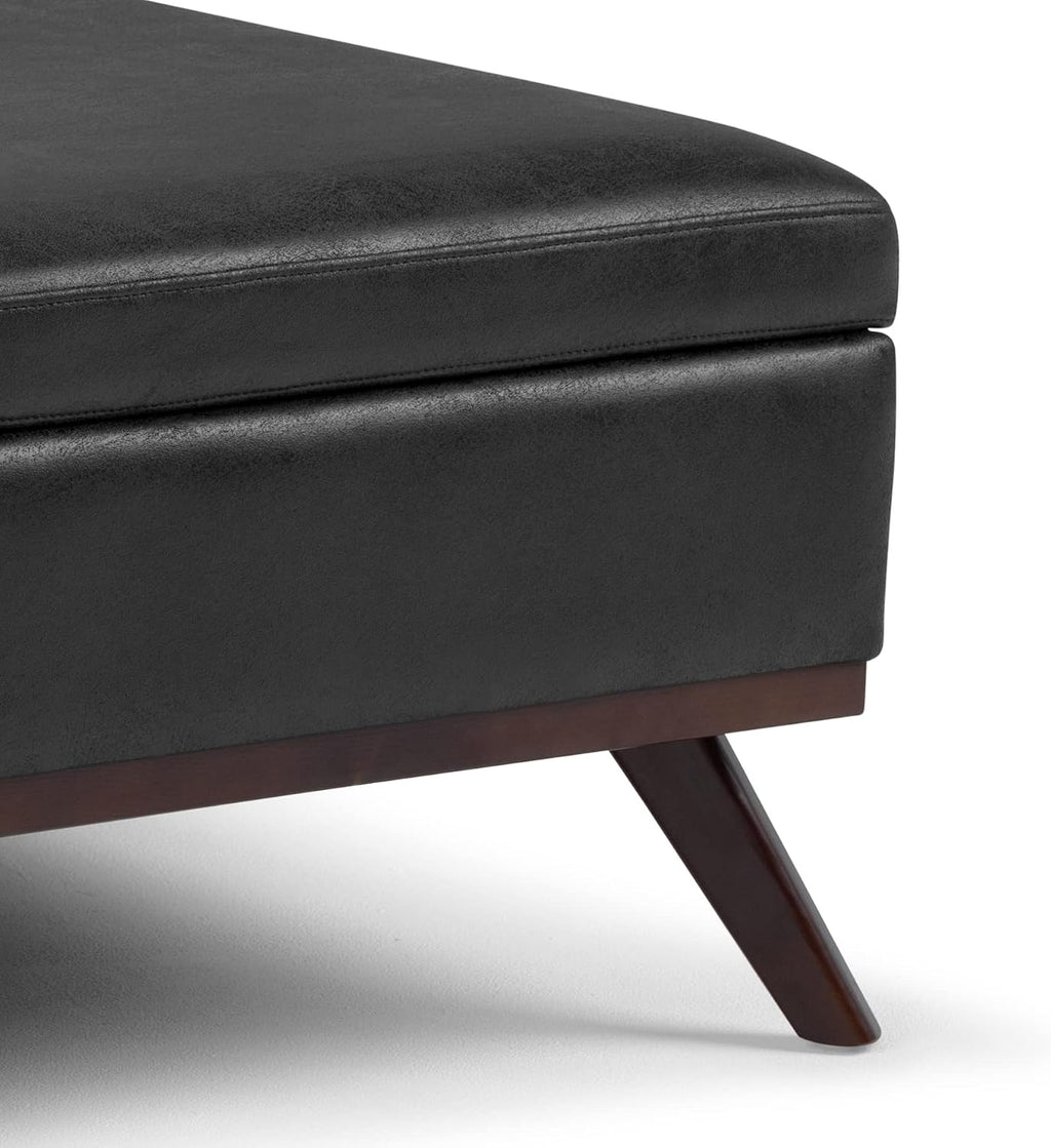 SIMPLIHOME Owen Square Coffee Table Storage Ottoman - 36 inch Wide Upholstered Vegan Leather Lift-Top Ottoman in Distressed Black, Mid-Century Modern Ottoman for Living Room with Tufted Detail