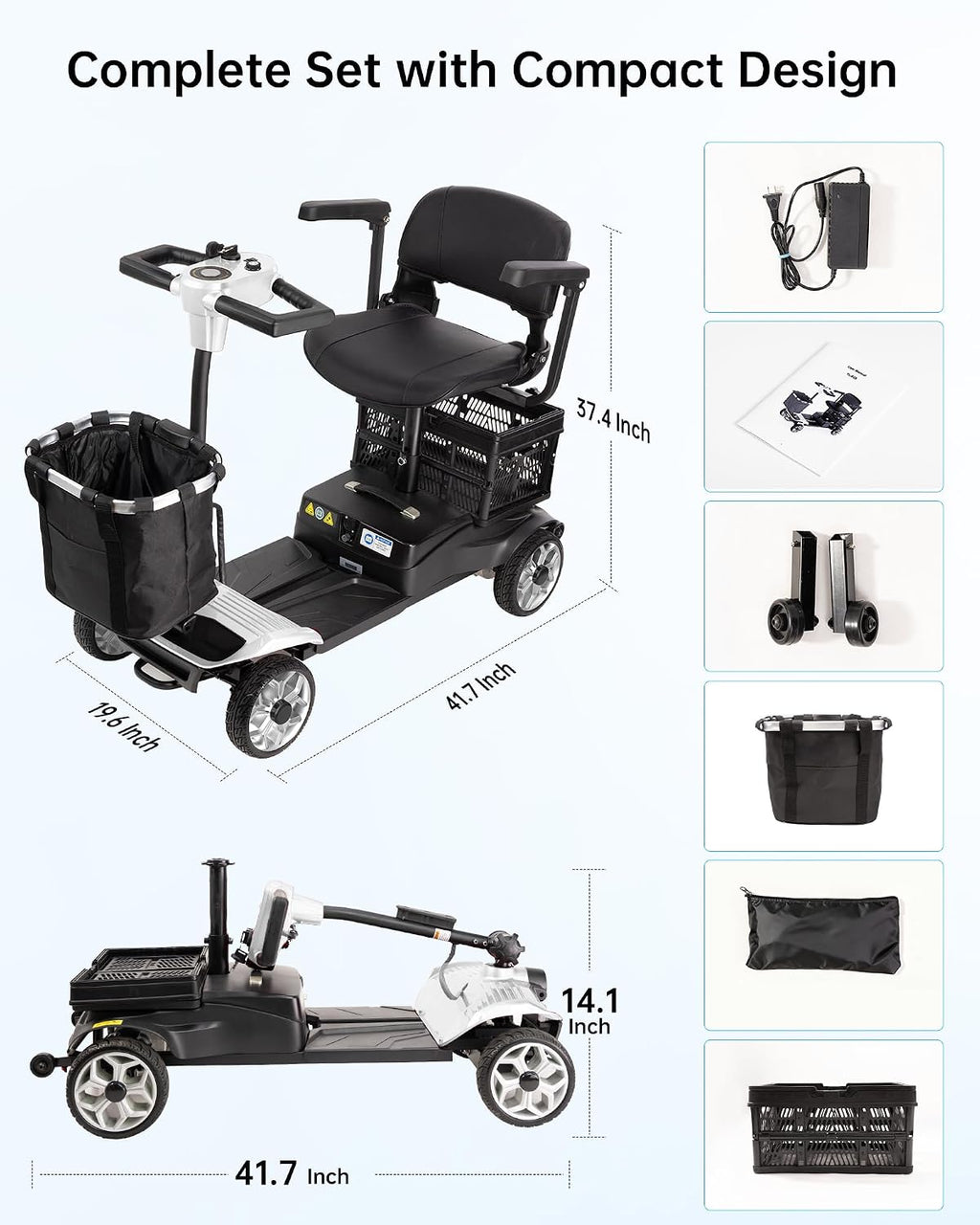 Electric Scooter for Adults & Seniors - Light Weight Mobility scooter with Auto Braking Adjustable Seat Removable Battery, Portable Foldable, 15 Mile Range, 330lb Capacity, Dual Basket, White