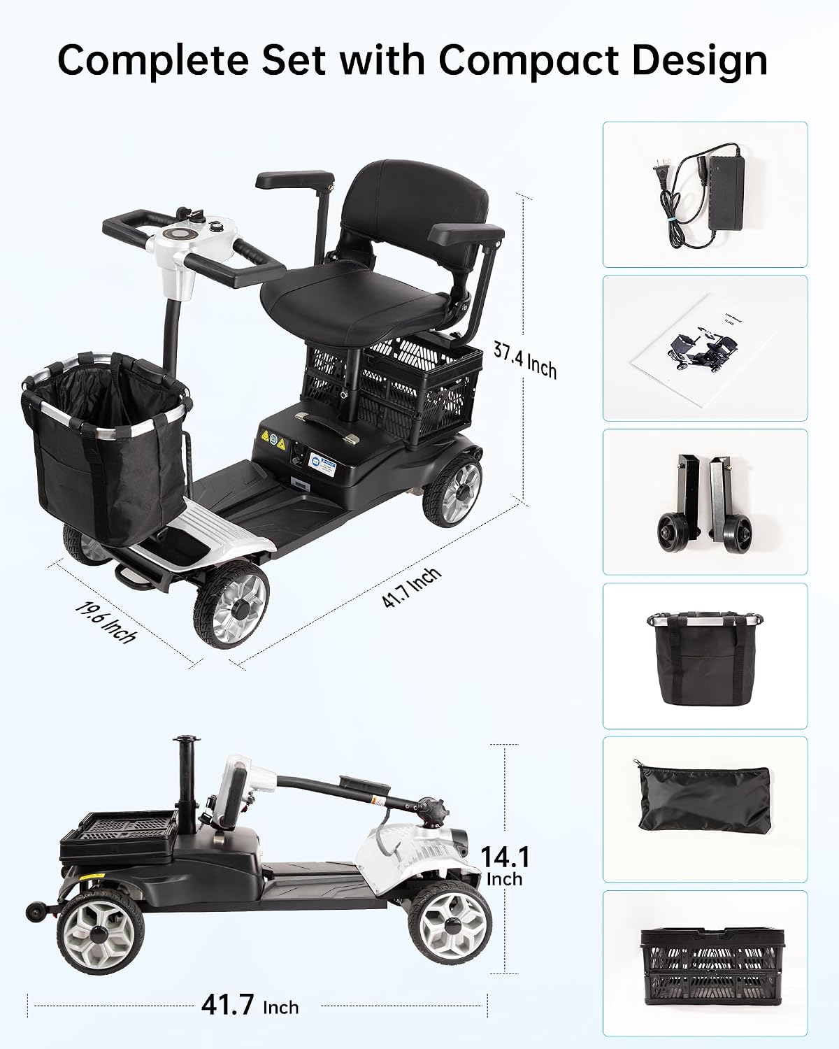 Electric Scooter for Adults & Seniors - Light Weight Mobility scooter with Auto Braking Adjustable Seat Removable Battery, Portable Foldable, 15 Mile Range, 330lb Capacity, Dual Basket, White