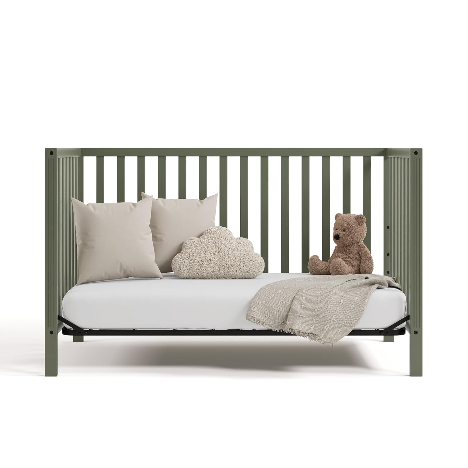 Storkcraft Morningside 5-in-1 Convertible Crib – GREENGUARD Gold Certified, Fits Standard Crib Mattress, Converts to Toddler Bed, Daybed and Full Bed, 4 Adjustable Mattress Heights (Olive)