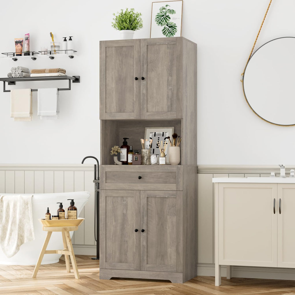 Tall Bathroom Storage Cabinets with Drawer, Farmhouse Linen Cabinet with Doors & Shelves, 67' Tall Storage Cabinet Freestanding for Bathroom, Dining Room, Kitchen, Pantry, Laundry, Narrow Corner,Brown