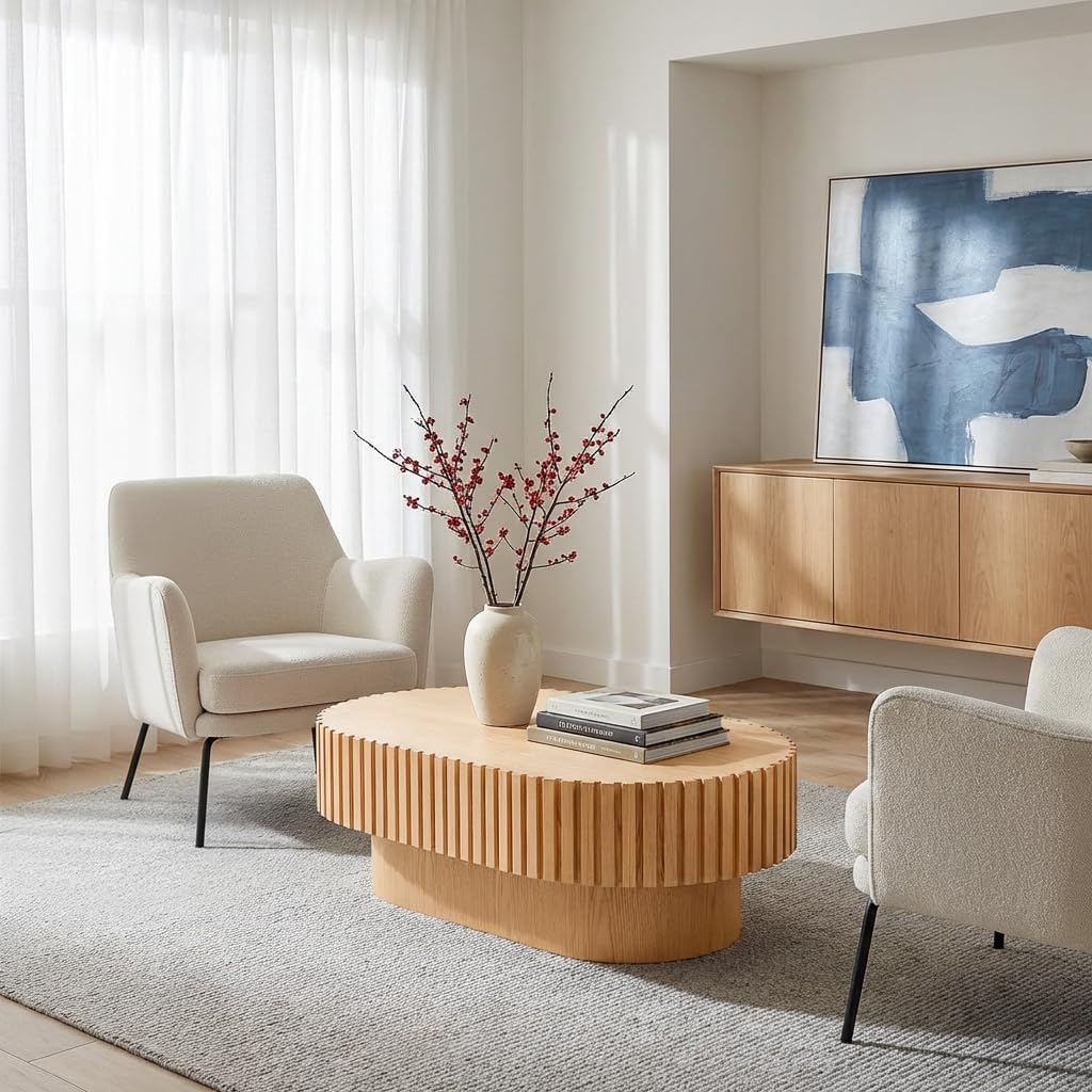 Oval Coffee Table for Living Room Fluted Coffee Table with Pedestal Modern Handcrafted Wood Center Table Tea Table Home Furniture Office Apartment Easy Assembly 43.7' Natural Wood