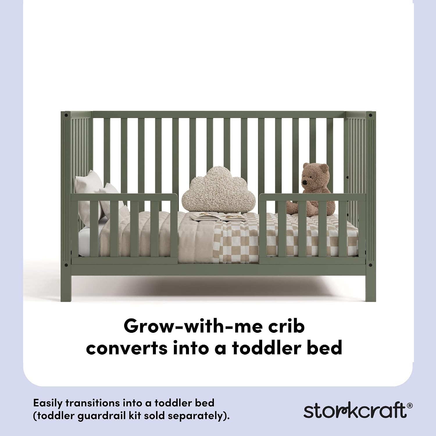 Storkcraft Morningside 5-in-1 Convertible Crib – GREENGUARD Gold Certified, Fits Standard Crib Mattress, Converts to Toddler Bed, Daybed and Full Bed, 4 Adjustable Mattress Heights (Olive)