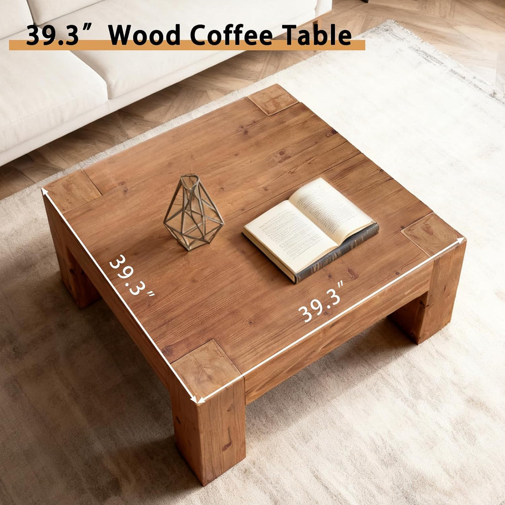 Rustic Wooden Coffee Table for Living Room, Big Square Coffee Table Mid Century Modern Center Table, Large Farmhouse Solid Wood Tea Table for Office Apartment (39.37''L × 39.37''W × 15.75''H)