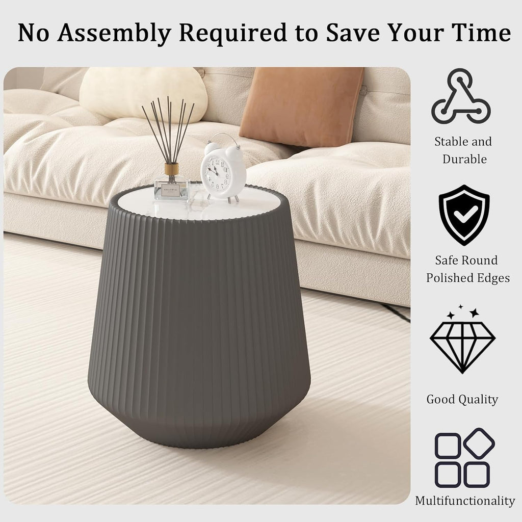 Round Coffee Table Set with Sintered Stone Tabletop, 26.77' Black Drum Center Table and 19.68' Grey Coffee Table Set, 2 Pieces Living Room Table Set with Fluted PU Leather Cover& Stable Base