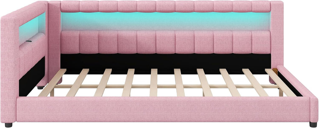 Upholstered Full XL Size Daybed with LED and USB Ports, L-Shaped Corner Day Bed with Storage Shelves Headboard,Space Saving for Girls Adults Kids Boys, Pink