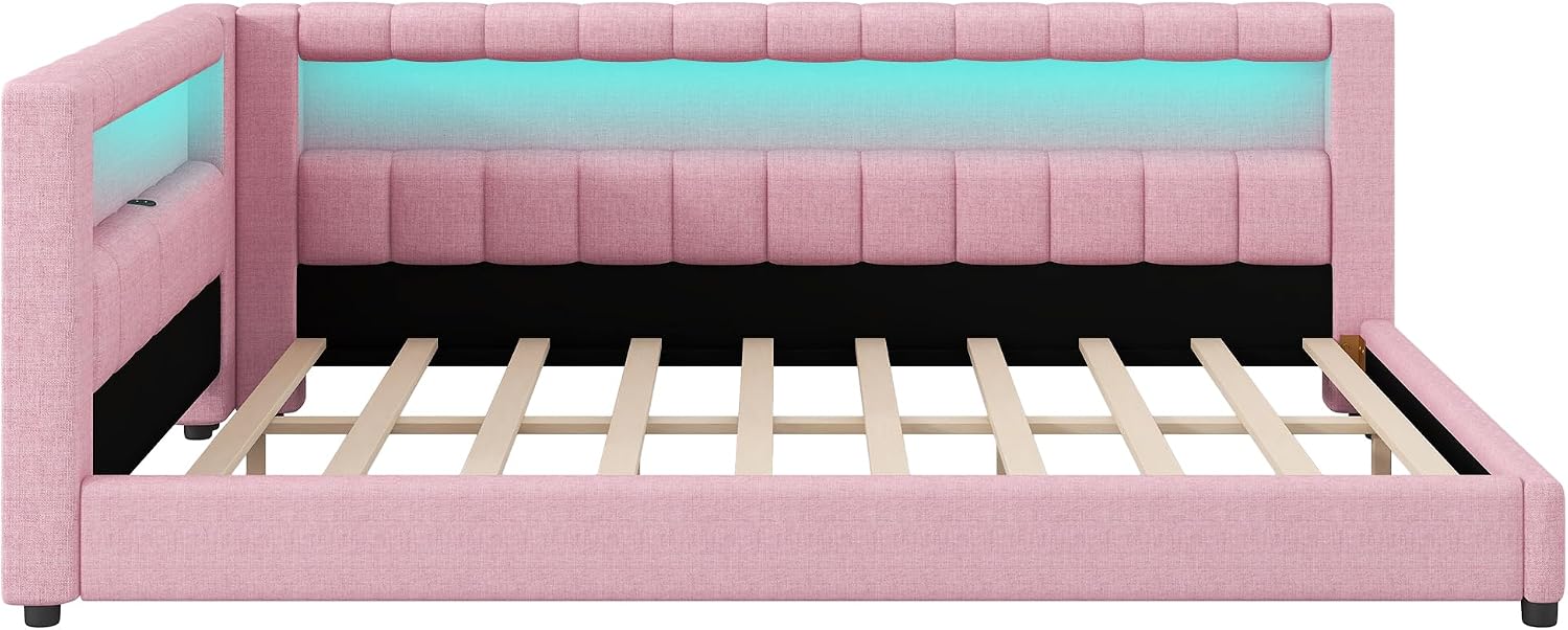 Upholstered Full XL Size Daybed with LED and USB Ports, L-Shaped Corner Day Bed with Storage Shelves Headboard,Space Saving for Girls Adults Kids Boys, Pink