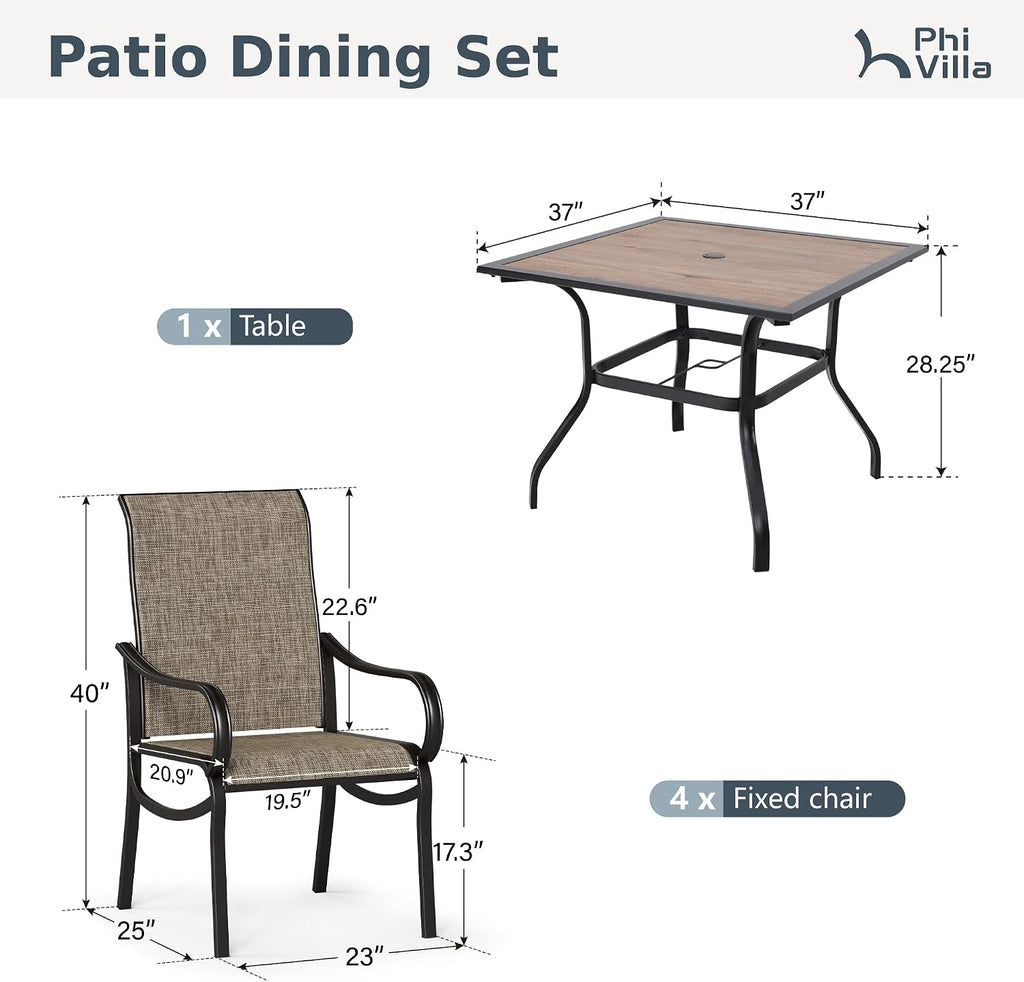 PHI VILLA 5 Piece Outdoor Dining Set, PVC Wooden-Like Square Table with Umbrella Holes and 4 High Back Fixed Chairs All Weather Patio Table and Chairs Set for Outdoor Deck Garden