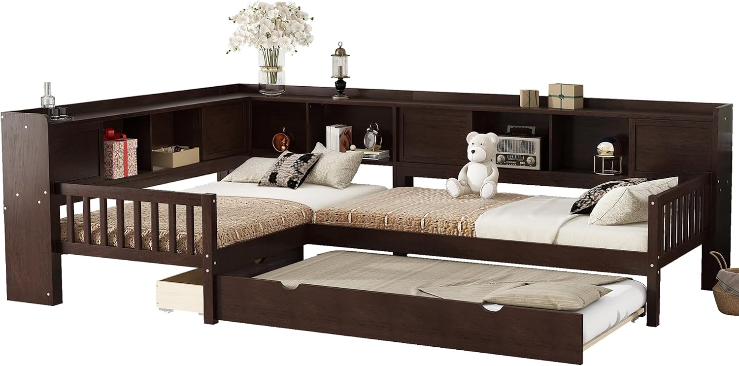 JIJIWANG L-Shaped Twin Platform Bed with Trundle & Storage Shelves, Solid Wood Space-Saving Corner Bed with Drawers, No Spring Box Needed, for Bedroom,Espresso
