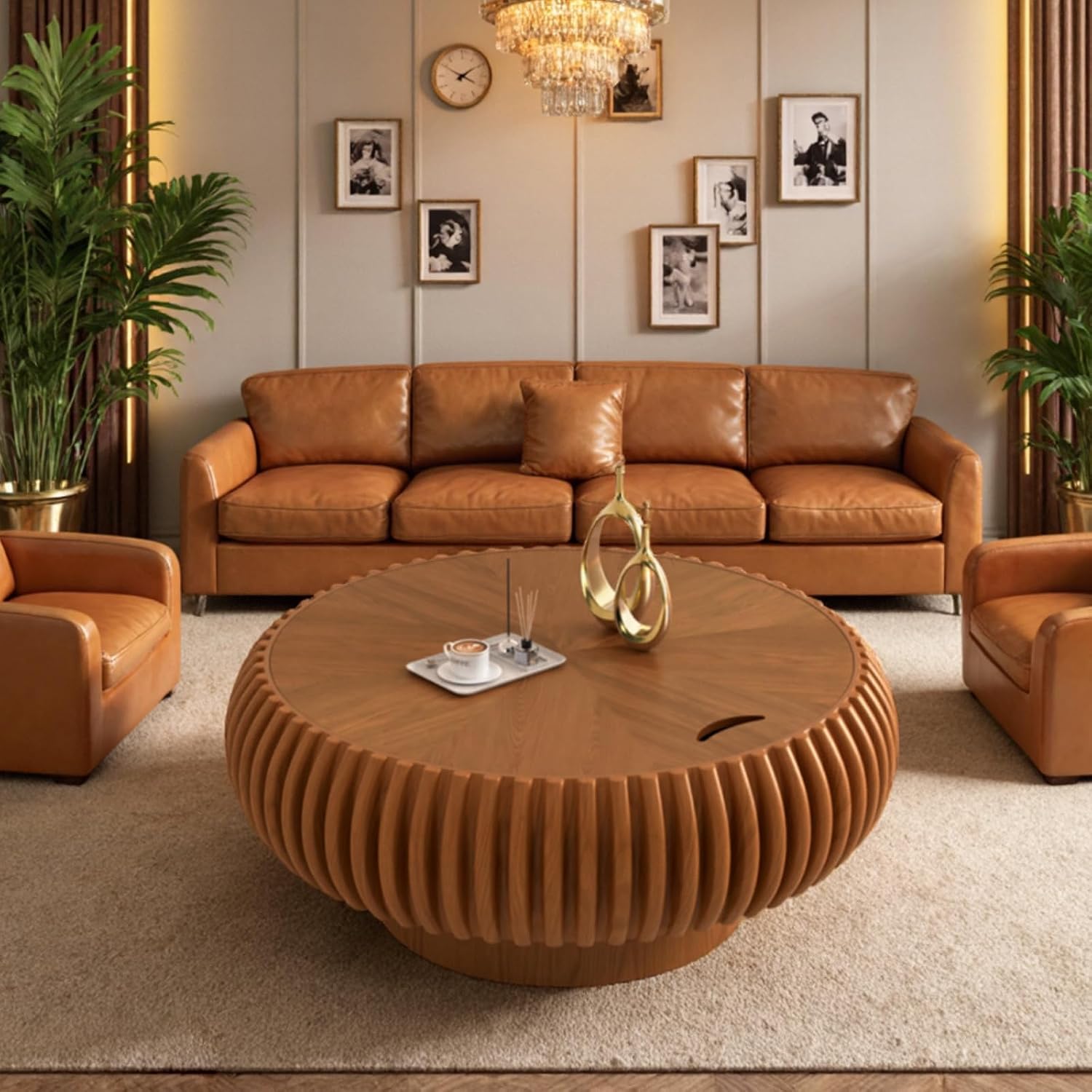 31.49'' Round Fluted Coffee Table with Storage, Modern Wooden Drum Coffee Table, Circle Center Table Accent Tea Table with Sturdy Pedestal for Living Room Apartment Small Space (31.49' Storage Brown)