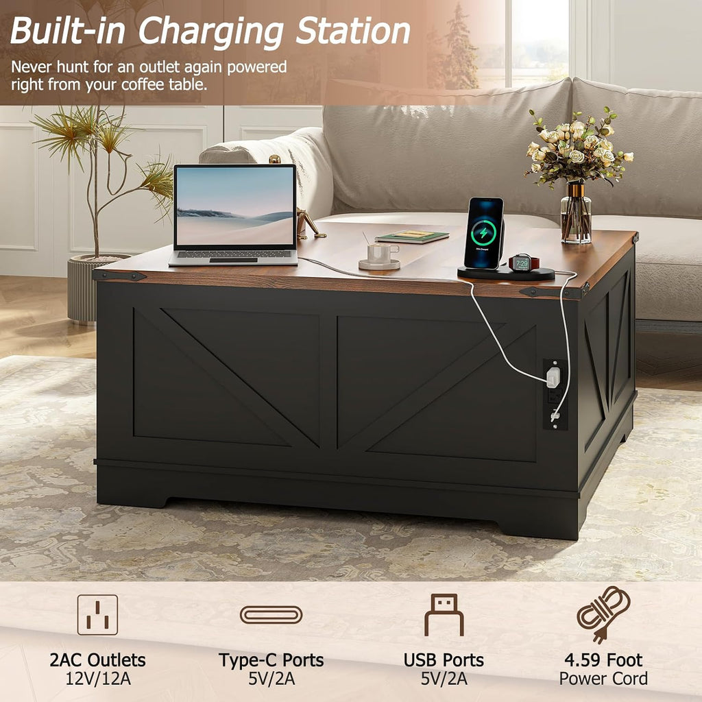 EAG 40' Large Farmhouse Lift Top Coffee Table with Hidden Compartment & Power Outlets, Square Wooden Coffee Table with Multi-Function Flip-Top Ample Storage Center Table for Living Room, Black