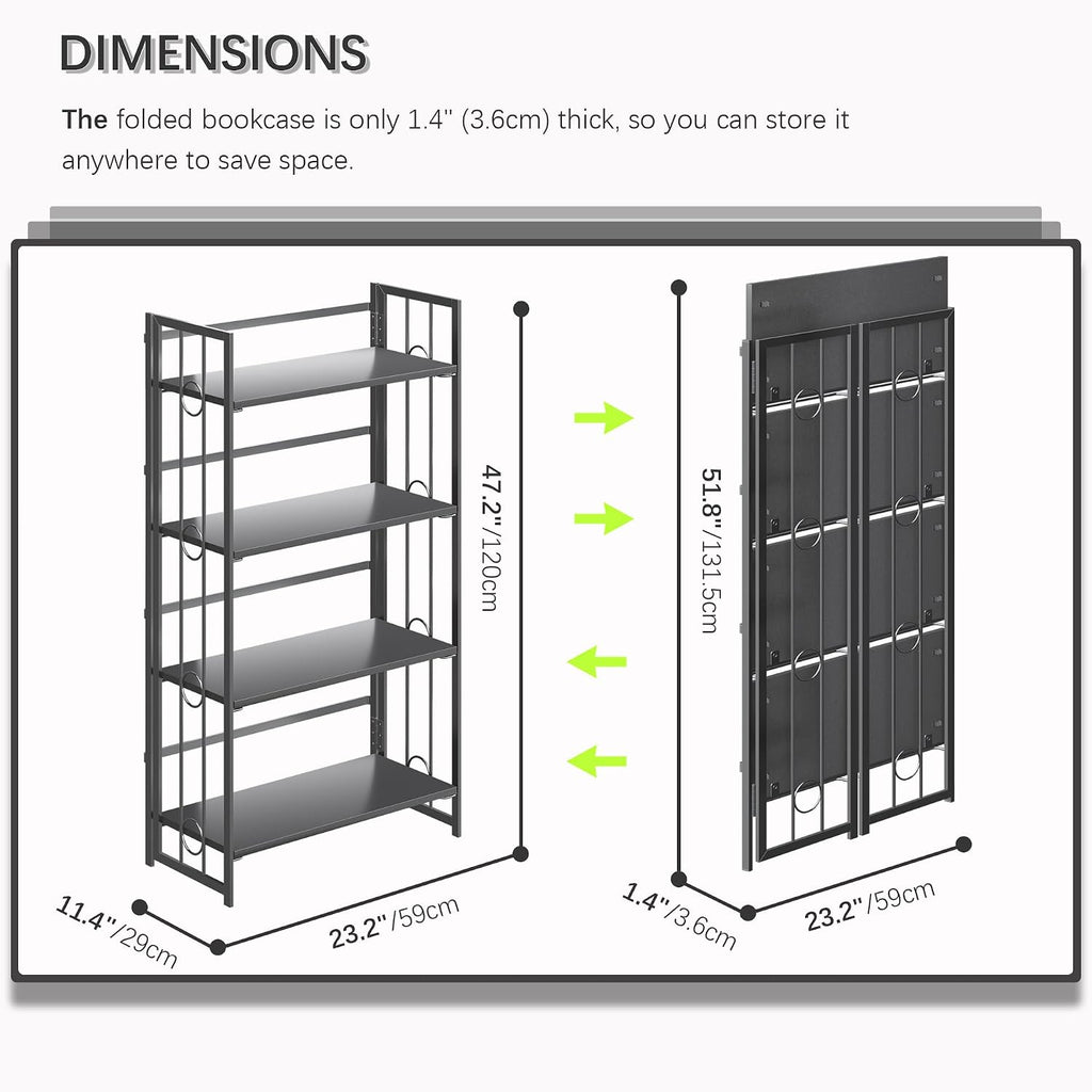 4NM No Assembly 4 Tiers Folding Bookshelf, 47.2' H Foldable Storage Shelves Vintage Bookcase Standing Racks Study Organizer Home Office - All Black