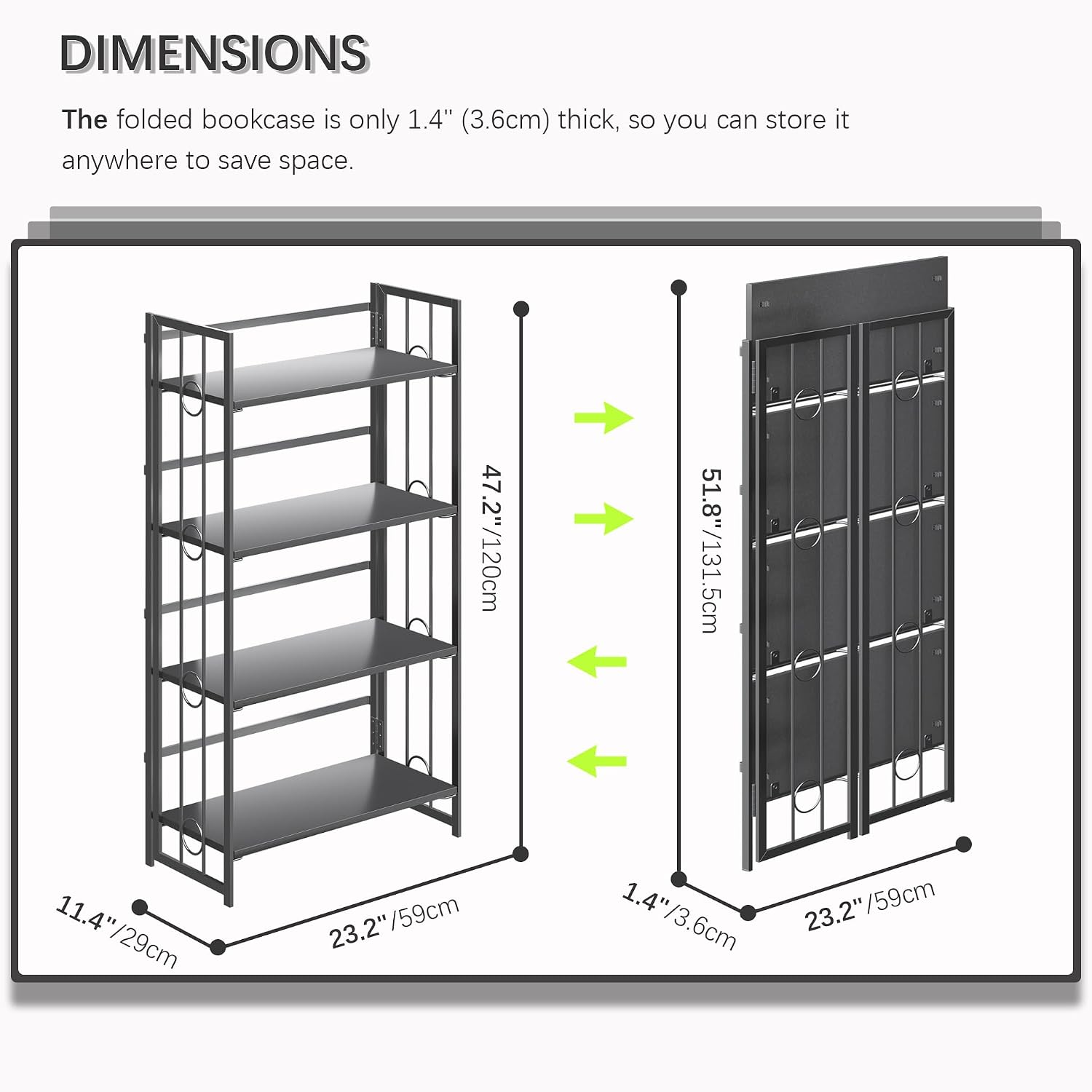 4NM No Assembly 4 Tiers Folding Bookshelf, 47.2' H Foldable Storage Shelves Vintage Bookcase Standing Racks Study Organizer Home Office - All Black