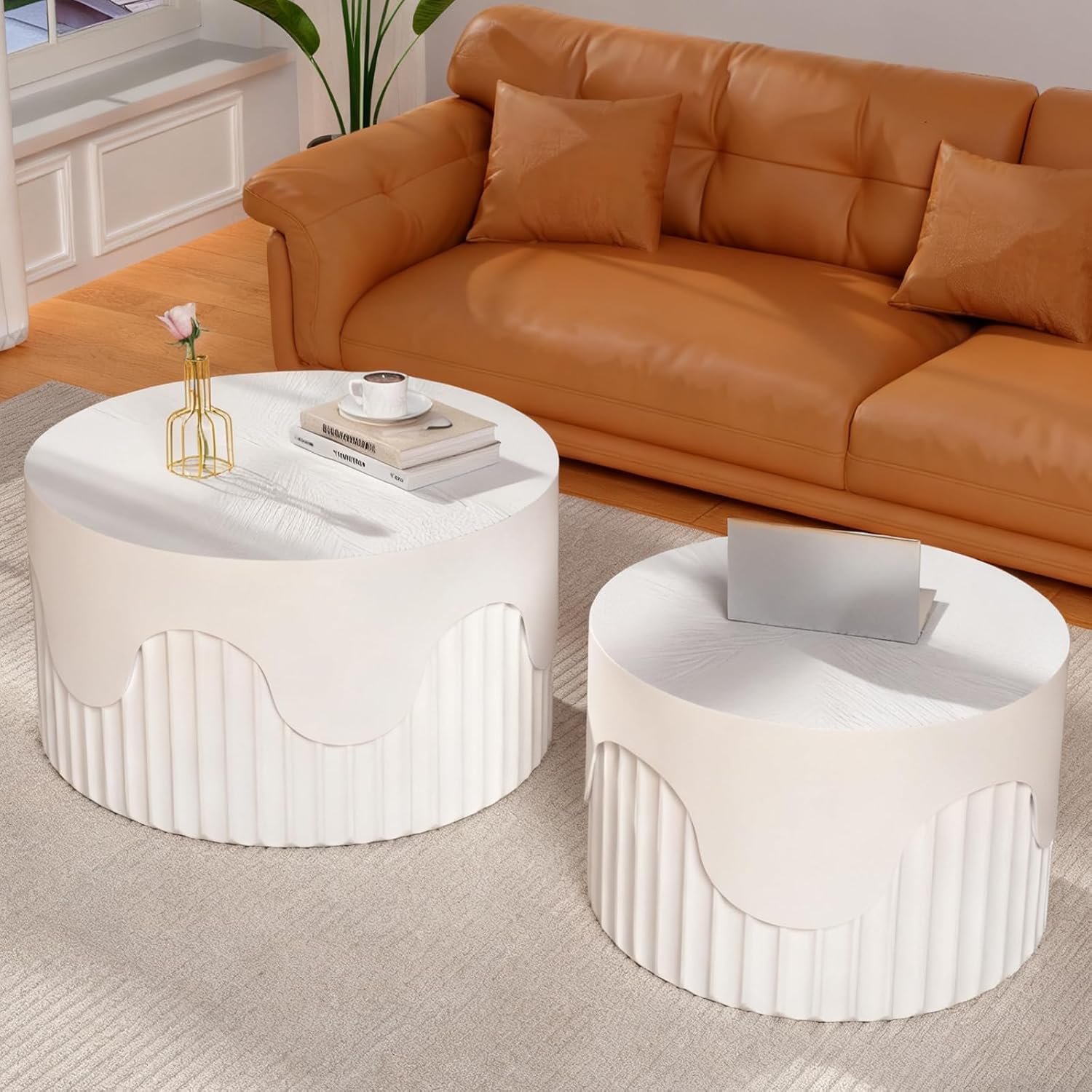 Round Nesting Coffee Table Modern White Fluted Coffee Table Set of 2 Stripe Round Coffee Tables Drum Crescent Side Table Accent End Table for Living Room (White C Large)