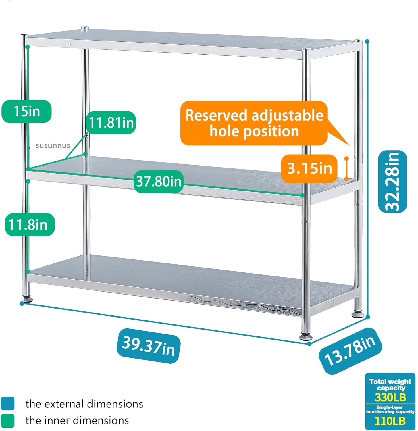 susunnus Stainless Steel Shelves 39.4in-3 Tier, Stainless Steel Shelf Organizer, Kitchen Storage Shelves, Artistic Texture, Pragmatic & Sturdy & Waterproof