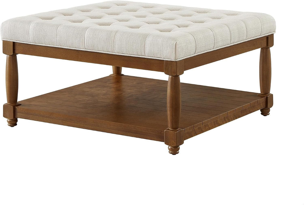 GDFStudio Large Square Upholstered Tufted Linen Ottoman Coffee Table with Solid Wood Frame and Open Storage Shelf, Nailhead Trim Accent Footrest for Living Room, Ivory