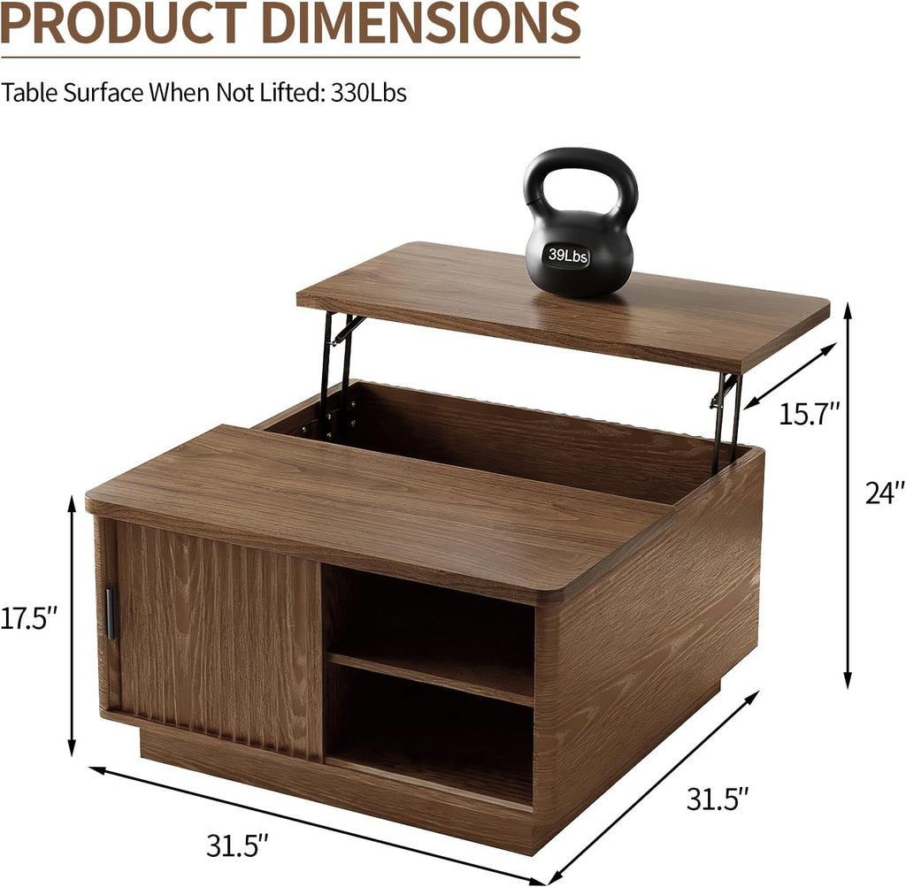 Lift Top Coffee Table with Storage, 31.5' Fluted Square Coffee Tables for Living Room, Home Office, Large Hidden Storage Compartment, Adjustable Shelves & Sliding Door (Walnut, Square)