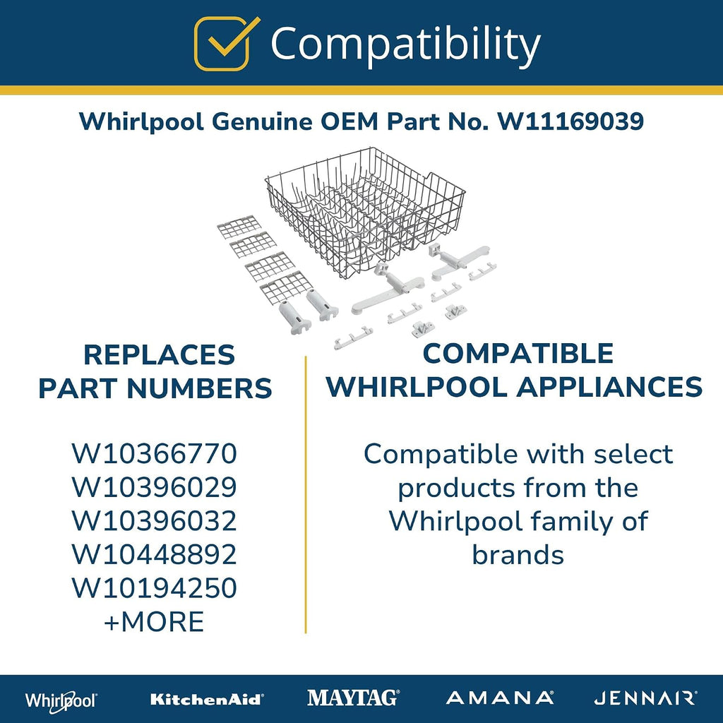 Whirlpool W11169039 Genuine OEM Dishwasher Upper Dishrack Assembly Replacement Part - Replaces 8539222, 8519572, 8519570, 8539223., and more