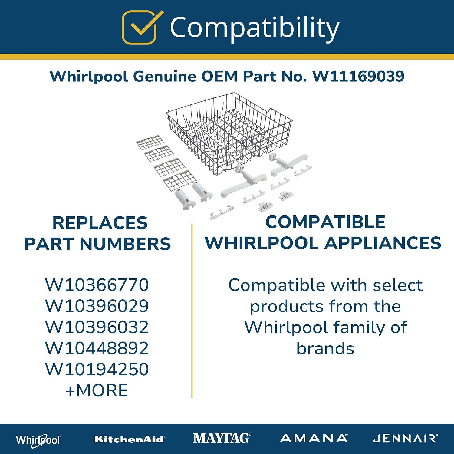 Whirlpool W11169039 Genuine OEM Dishwasher Upper Dishrack Assembly Replacement Part - Replaces 8539222, 8519572, 8519570, 8539223., and more