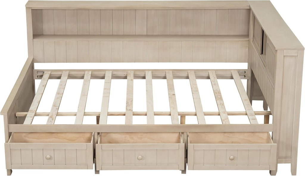 Full Size Corner Bed with 3 Drawers, L-Shaped Daybed with Bookcase and Storage Shelves, Wood Corner Bed Frame with 2 Sliding Doors Storage Cabinets,Antique White