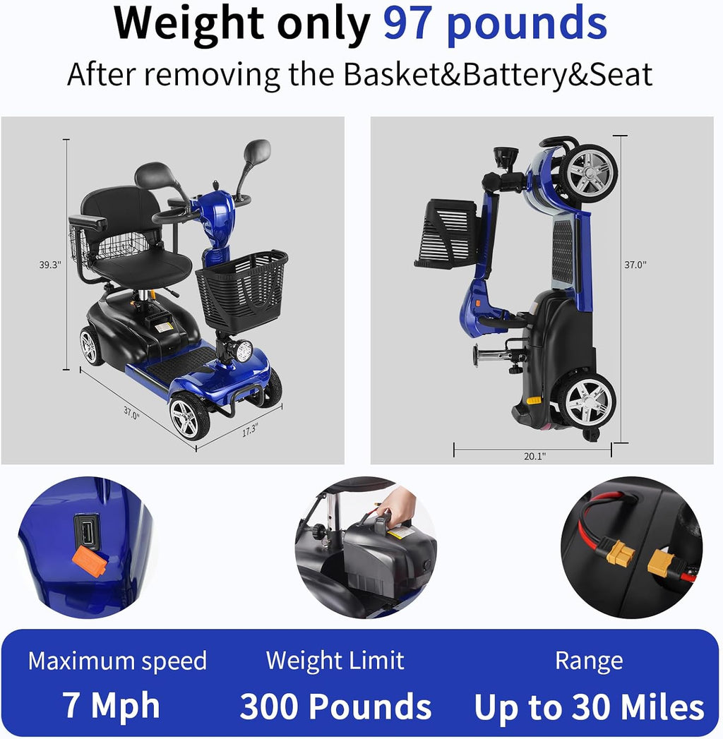 Mobility Scooter for Seniors/Adults, up to 300lbs Capacity, 4 Wheels Mobility Scooters with 15 Miles 350W 5/7MPH, Electric Wheelchair, Adjustable Seat with Rear Mirror
