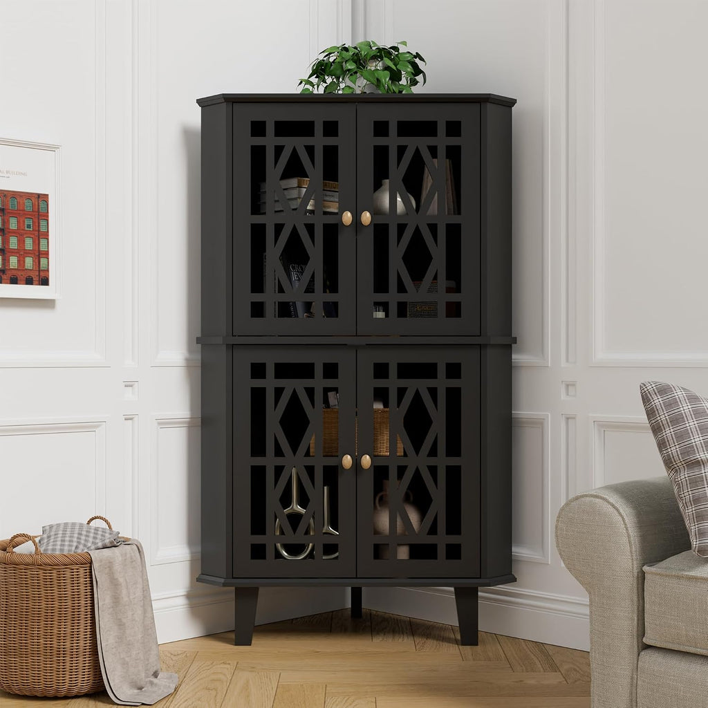 Scurrty Tall Corner Shelf Stand, Large Shelf Corner Table Sideboard Cabinet with 4 Doors and 4-Tier Shelves, Free-Standing Storage Organizer for Living Room, Dining Room & Bathroom (Black)