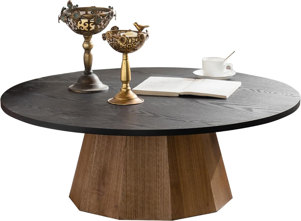 GDFStudio Mid Century Modern Round Coffee Table, Tree Design Circle Coffee Table for Living Room Office Apartment, Small Tea Tables with Pedestal, Easy Assembly Indoor Side Tables, Black+Wood 12.4' H