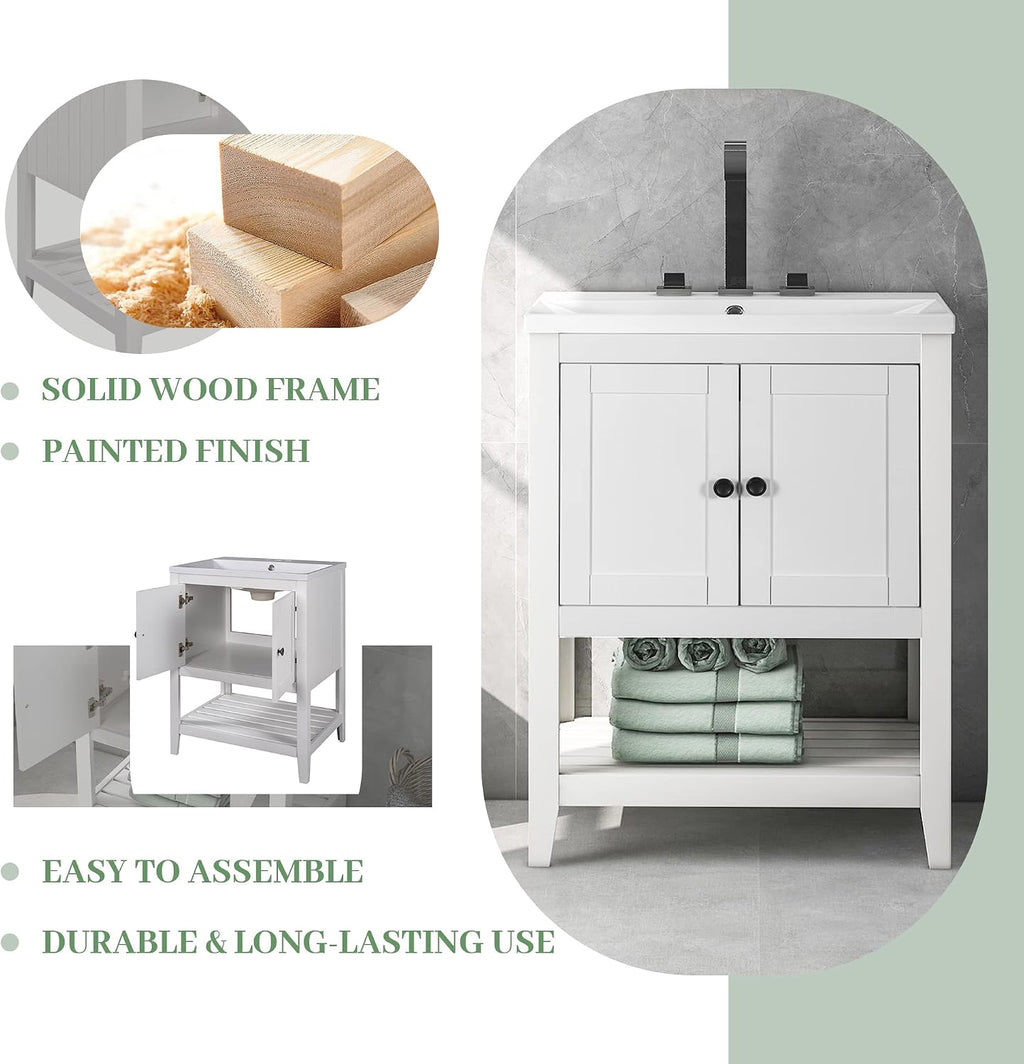 24 Inch Bathroom Vanity with Sink Set Combo, Cabinet with Doors and Open Shelf, Solid Wood Frame with Painted Finish, Modern Style