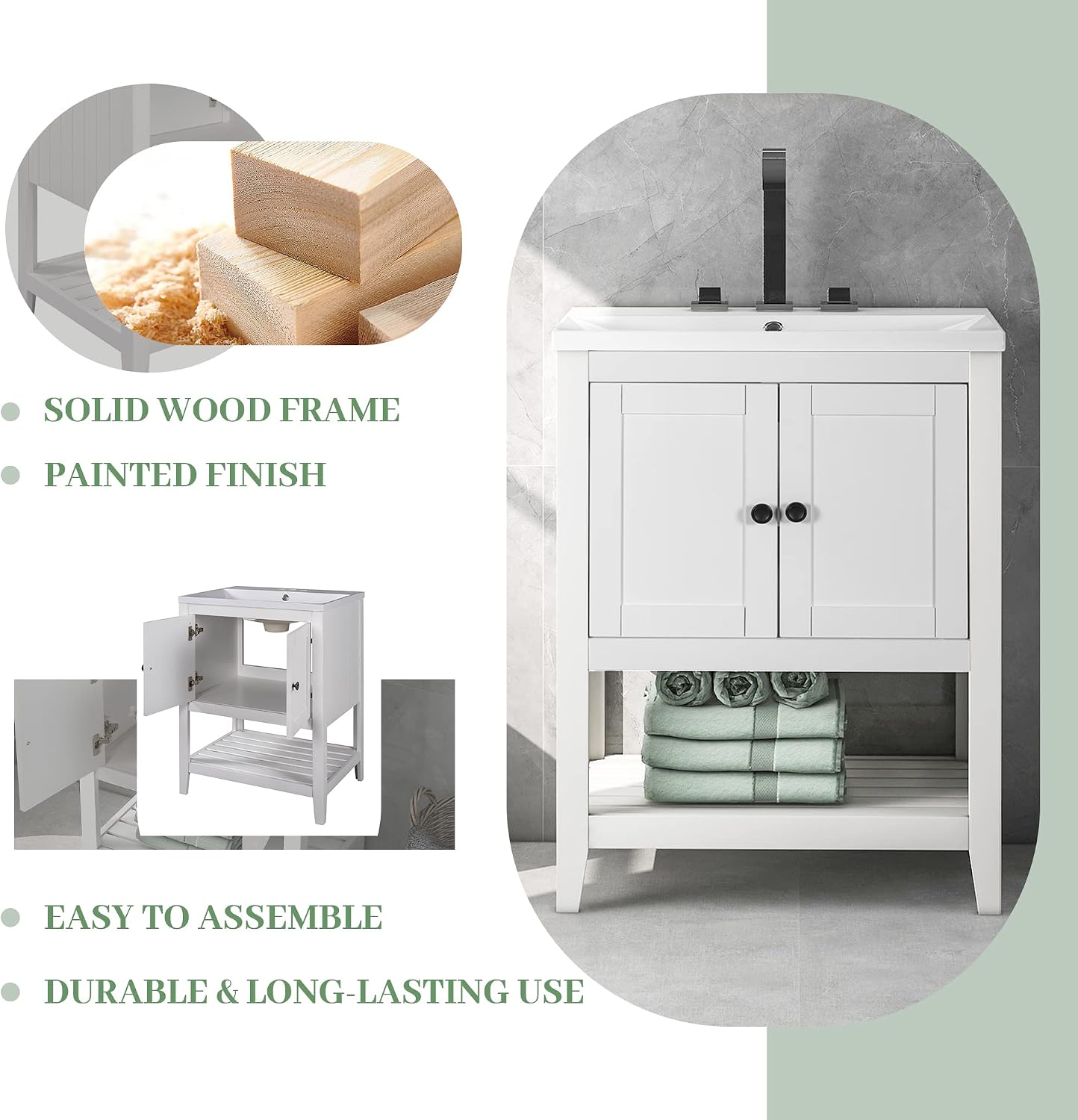24 Inch Bathroom Vanity with Sink Set Combo, Cabinet with Doors and Open Shelf, Solid Wood Frame with Painted Finish, Modern Style