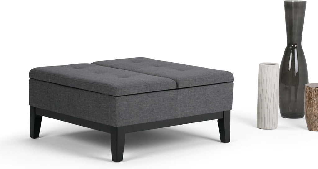 SIMPLIHOME Dover 36 inch Wide Contemporary Square Coffee Table Storage Ottoman in Slate Grey Linen Look Fabric, Assembled, For the Living Room and Bedroom