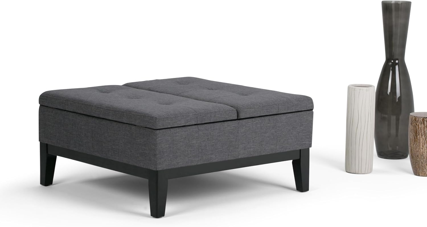 SIMPLIHOME Dover 36 inch Wide Contemporary Square Coffee Table Storage Ottoman in Slate Grey Linen Look Fabric, Assembled, For the Living Room and Bedroom
