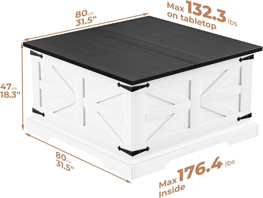 Farmhouse Coffee Table with Large Hidden Storage, Square Wood Living Room Tables, Multi-Function Lift Wooden Barn Door Center Table (White& Black)