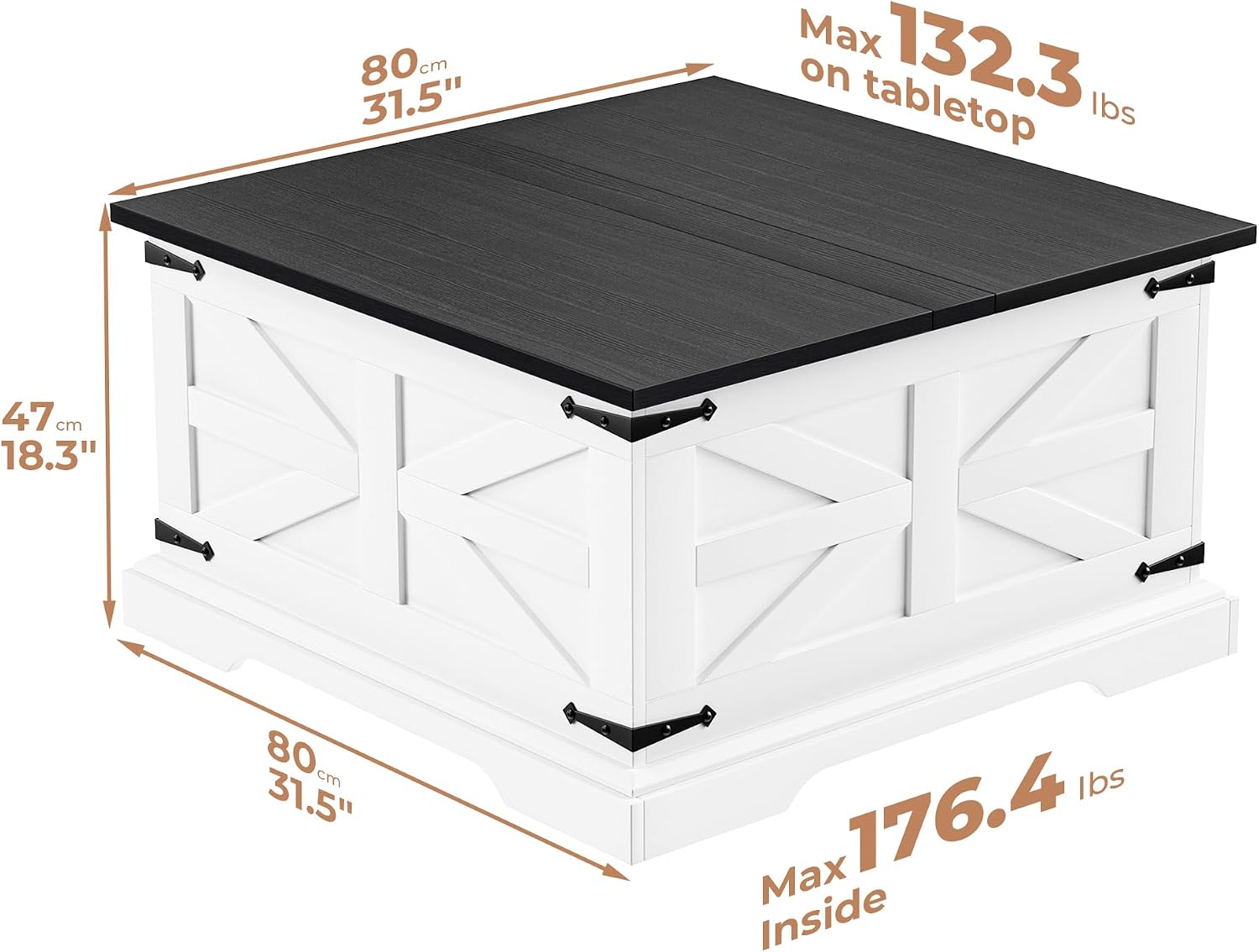 Farmhouse Coffee Table with Large Hidden Storage, Square Wood Living Room Tables, Multi-Function Lift Wooden Barn Door Center Table (White& Black)