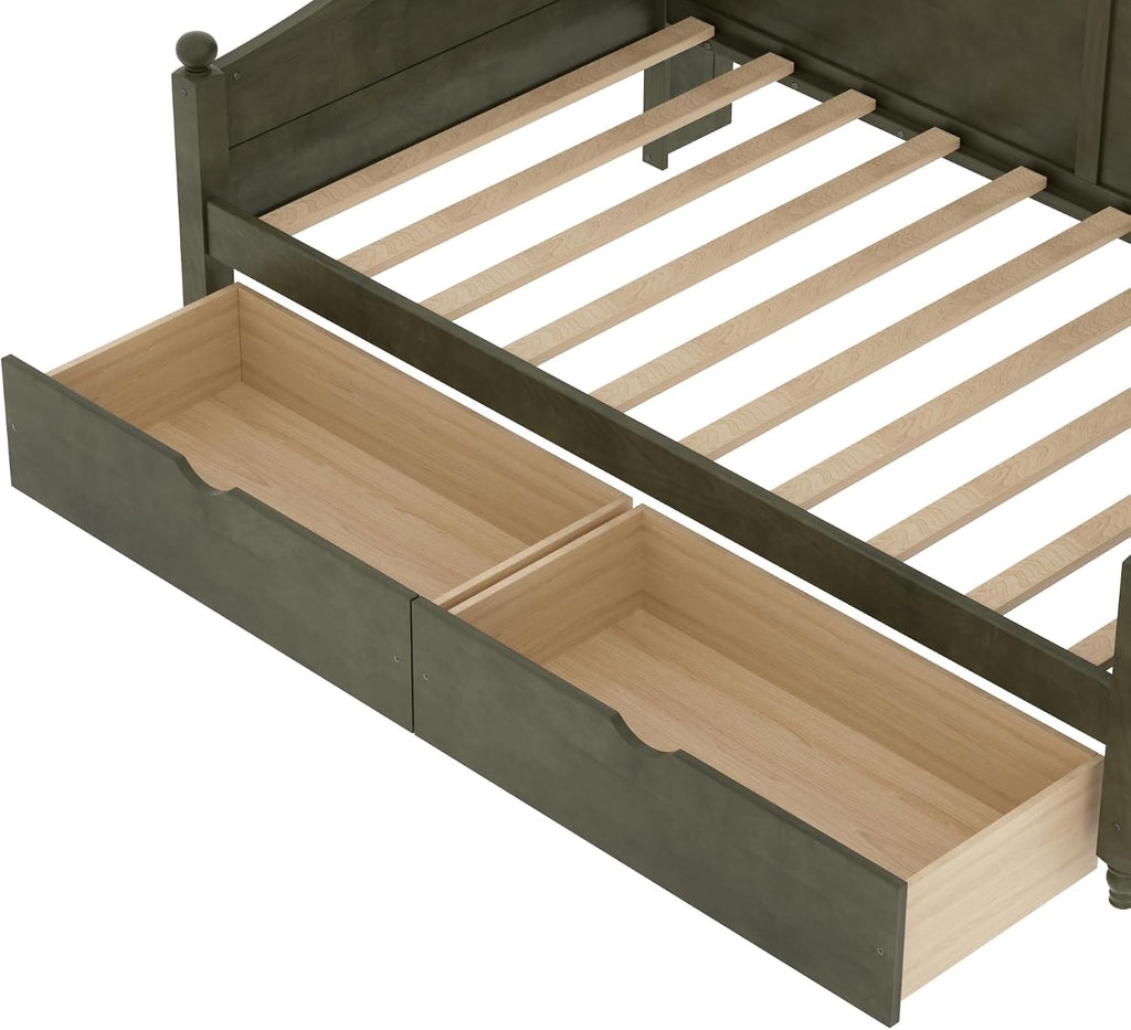 Harper & Bright Designs Corner Bed Frame Twin with Bookcase Headboard and Storage Drawers,Wood Day Bed Frame for Kids Teens,Antique Grey