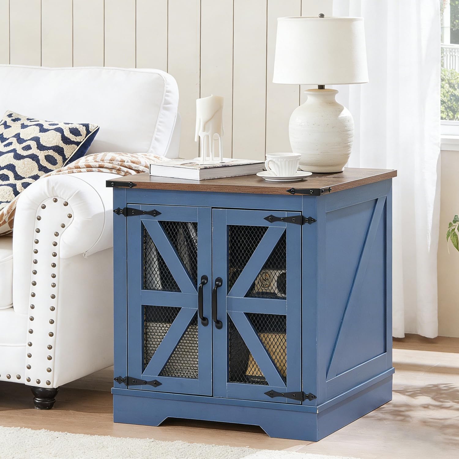 Blue Farmhouse End Table with Charging Station, 21' Wood Sofa Side Table with Mesh Barn Door, Rustic Nightstand with Hidden Storage for Living Room, Square