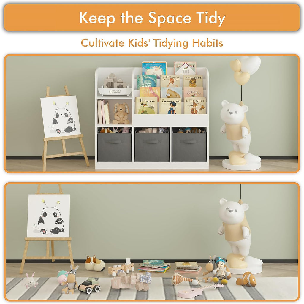 Bookcase and Storage Organizer with 3 Fabric Drawers – Wooden Bookshelf Display Rack for Toddlers and Children, Reading Corner Storage Shelf for Bedroom, Playroom, Nursery, Grey