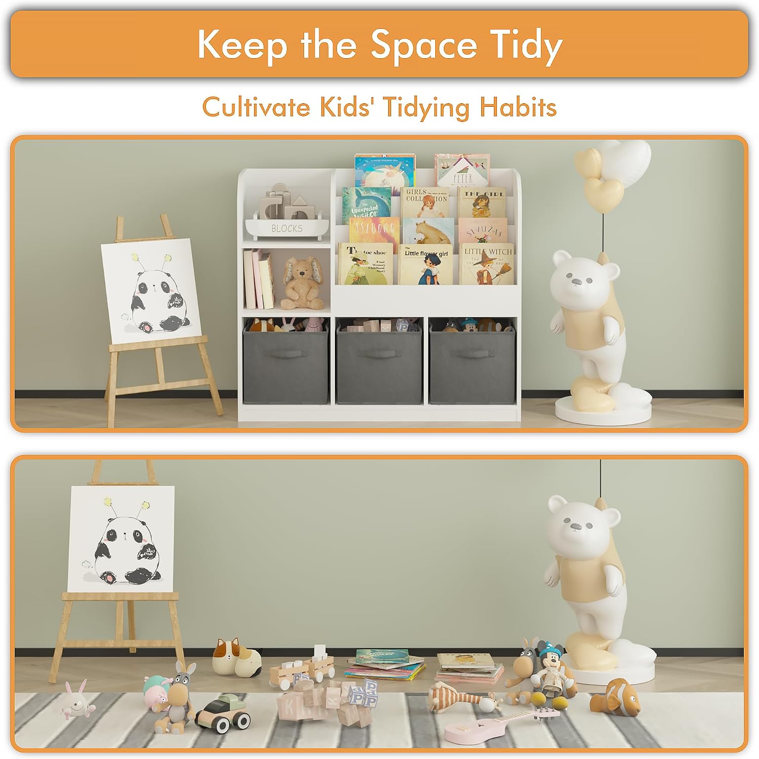 Bookcase and Storage Organizer with 3 Fabric Drawers – Wooden Bookshelf Display Rack for Toddlers and Children, Reading Corner Storage Shelf for Bedroom, Playroom, Nursery, Grey