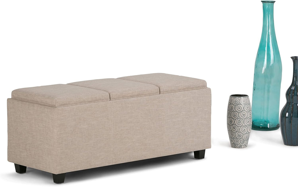 SIMPLIHOME Avalon Storage Ottoman - 42 inch Wide Upholstered Linen Look Fabric Rectangular Flip-Top Ottoman in Natural, Contemporary Coffee Table Ottoman for Living Room with Hidden Storage