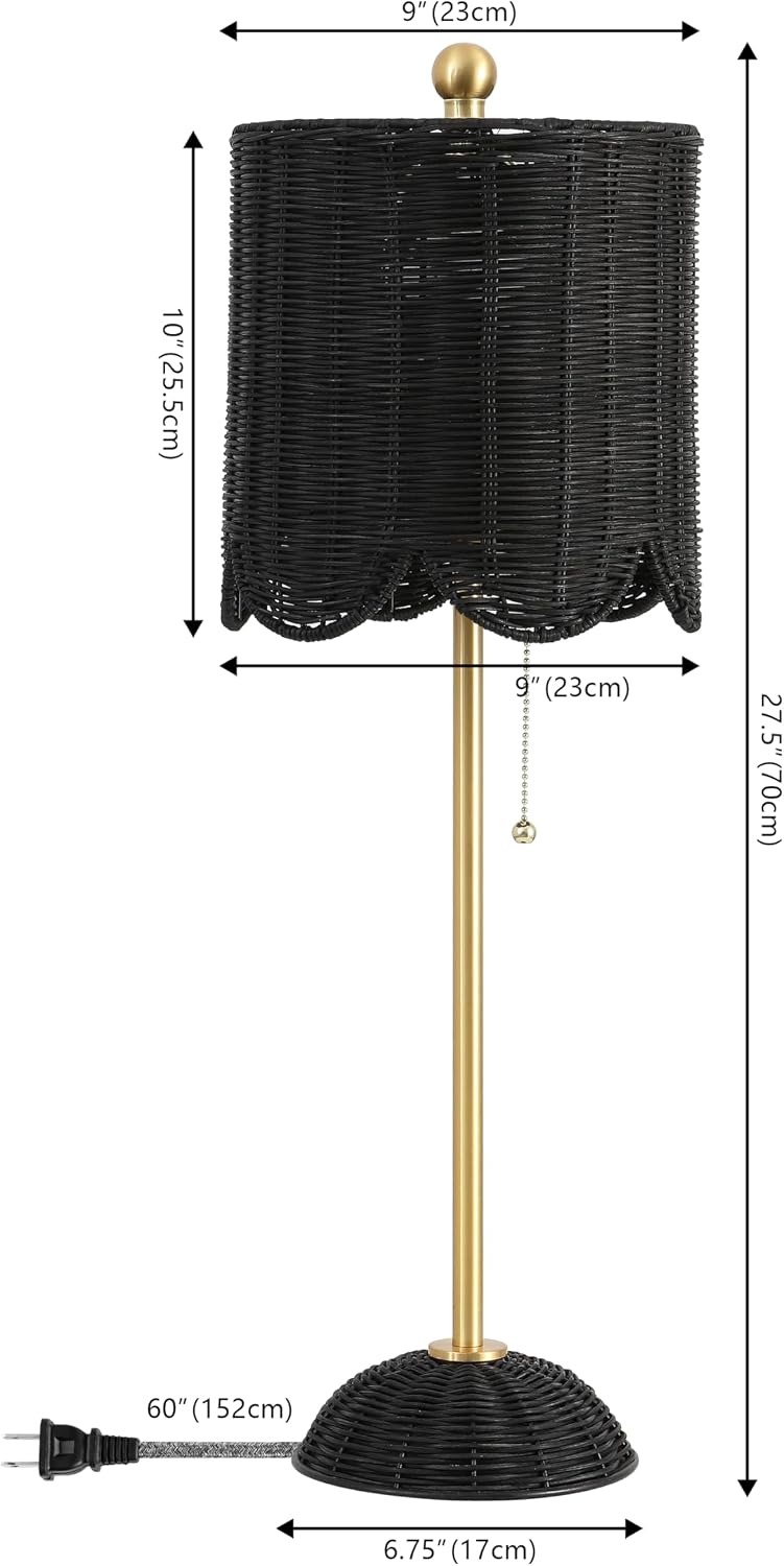 JONATHAN Y 27.5' Black/Brass Gold Coastal Buffet Table Lamp Set of 2 for Bedroom, Boho Table Lamps with Natural Rattan Scalloped Shade, Pull Chain, LED Bulbs Included (JYL1138C-SET2)