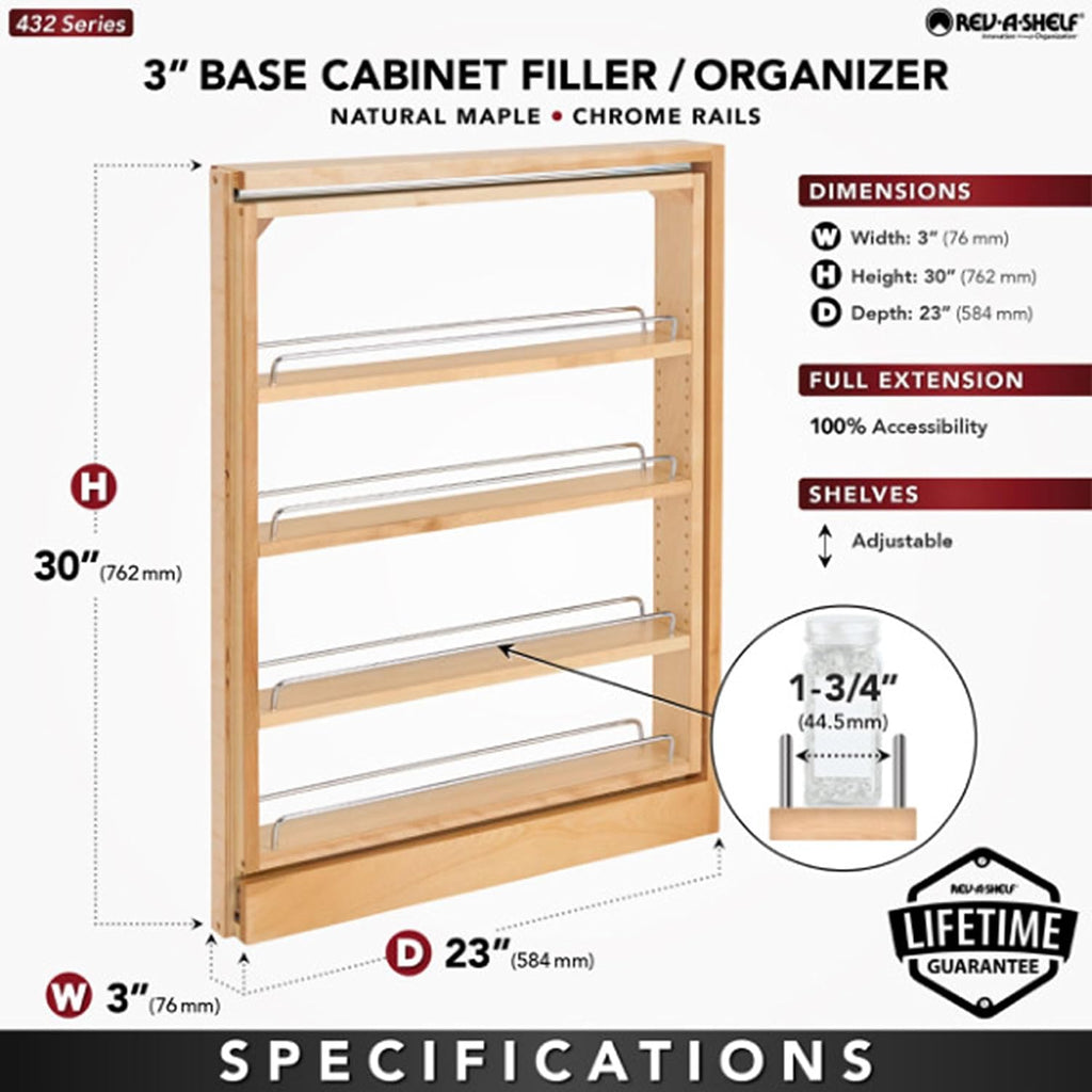 Rev-A-Shelf Pullout Shelf Organizer for Base Kitchen or Bathroom Cabinets, Wood Filler Pantry Storage or Spice Rack, Maple, 3' x 23' x 30', 432-BF-3C