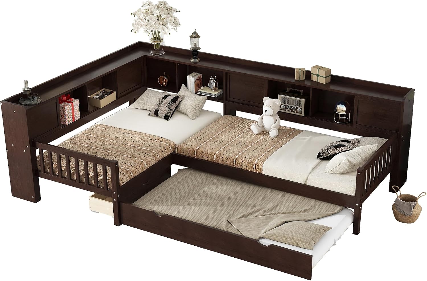 JIJIWANG L-Shaped Twin Platform Bed with Trundle & Storage Shelves, Solid Wood Space-Saving Corner Bed with Drawers, No Spring Box Needed, for Bedroom,Espresso