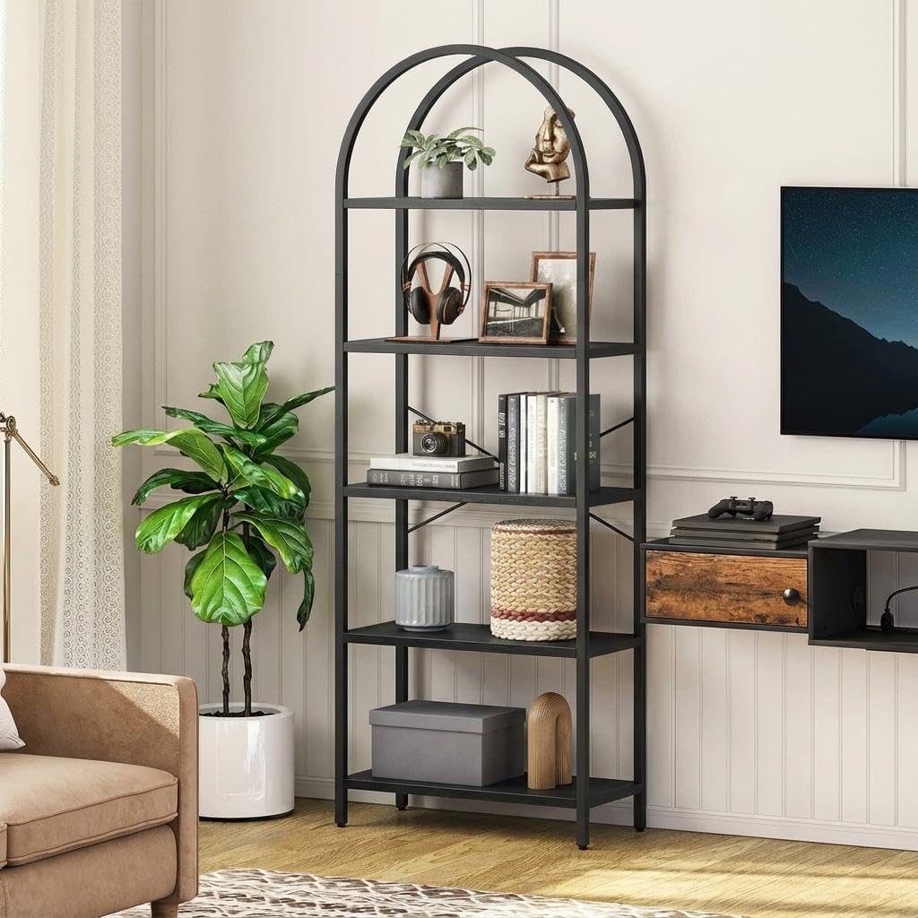 Takywep Bookshelf, Arched Bookcase with Metal Frame 5 Tiers Bookshelf Industrial Arched Cabinet Display Shelf Floorstanding Storage Shelving Unit for Bedroom, Living Room and Home Office, Black