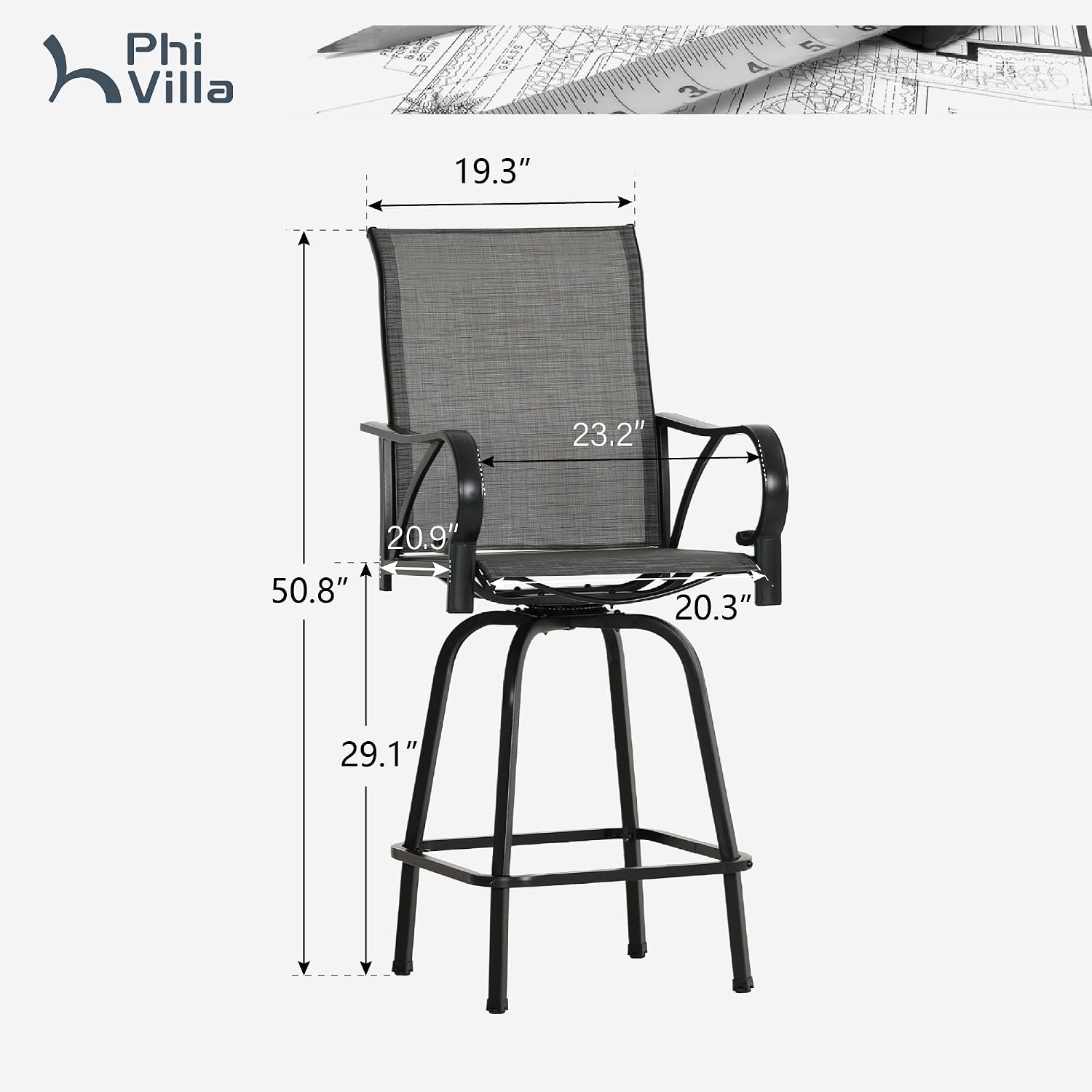 PHI VILLA Outdoor Bar Stools Swivel Set of 2, Outdoor Bar Height Tall Patio Chairs Grey with Armrest, High Top Patio Stools & Chairs with Sling Fabric for Outside Kitchen