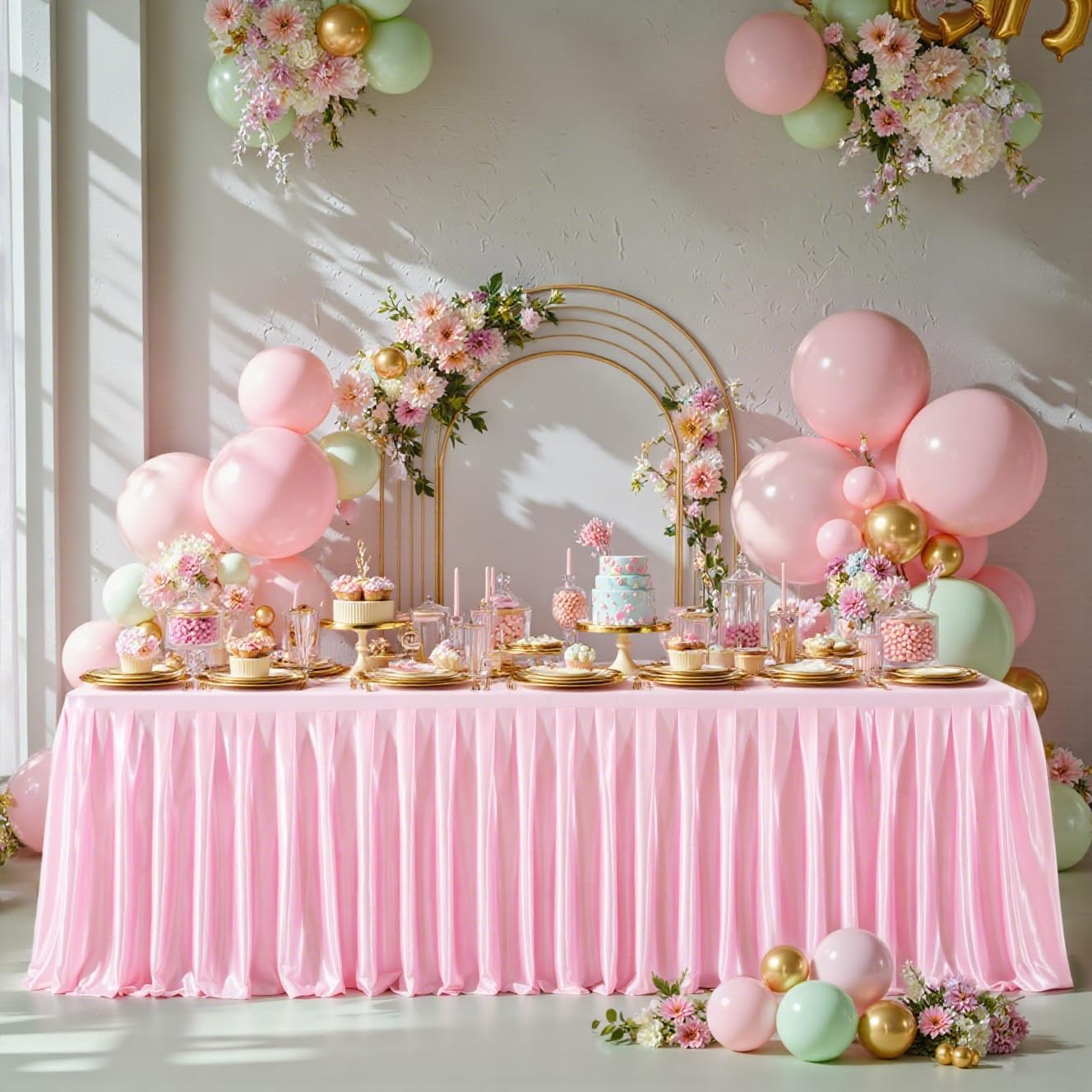 4 Pack 6FT Pink Satin Tablecloths for Rectangle Tables - Shiny Spandex Party Table Cover with Pleated Table Skirt, No-Wrinkle & Glossy Wedding Tablecloth One-Piece for Birthday Baby Shower Ceremony