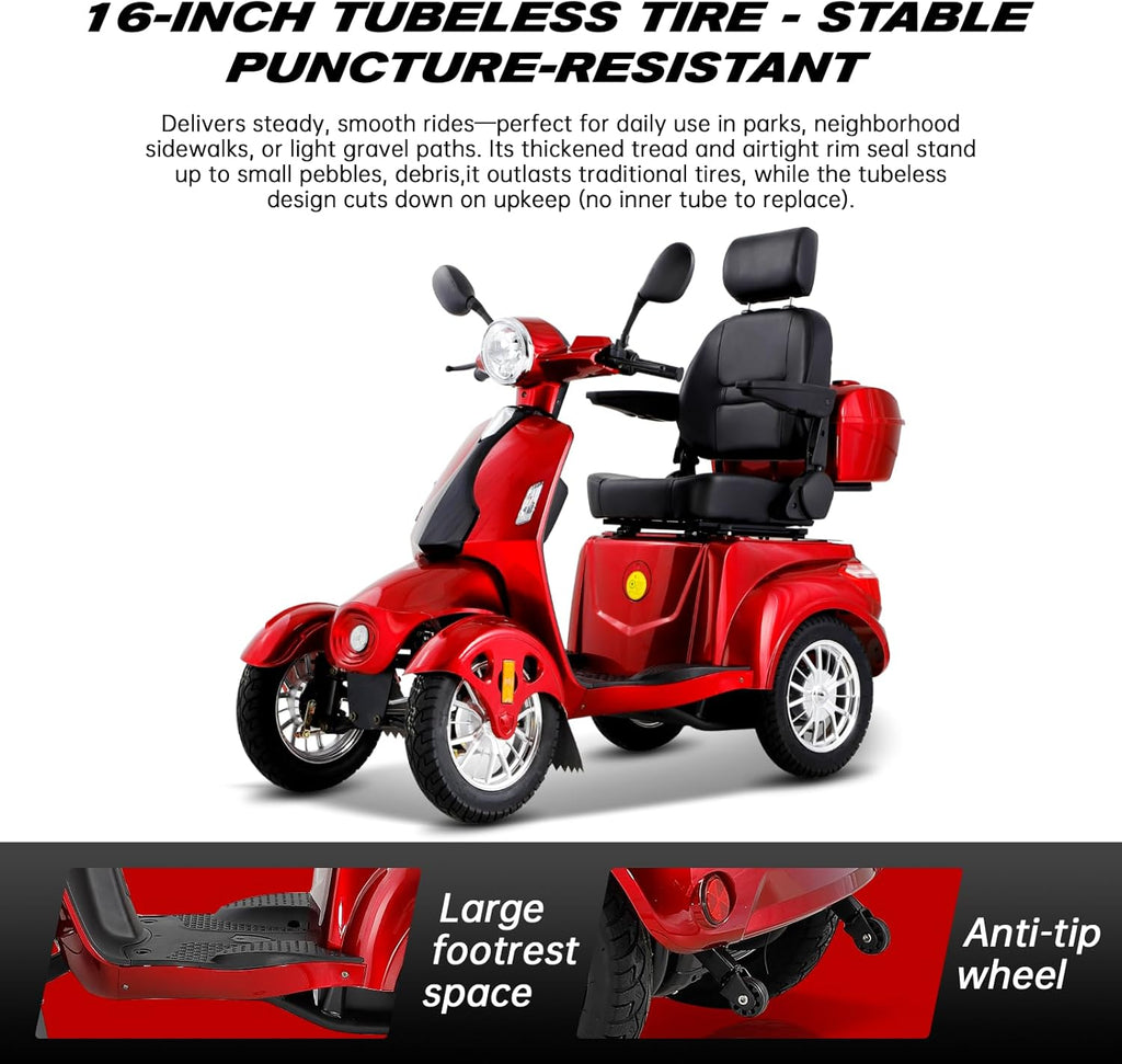 Heavy Duty 4 Wheel Mobility Scooters for Seniors & Adults 500lbs Capacity - Electric Powered Chair - 1000W All Terrain Fast Mobility Scooter for Travel w/Long Range Battery Remote Key