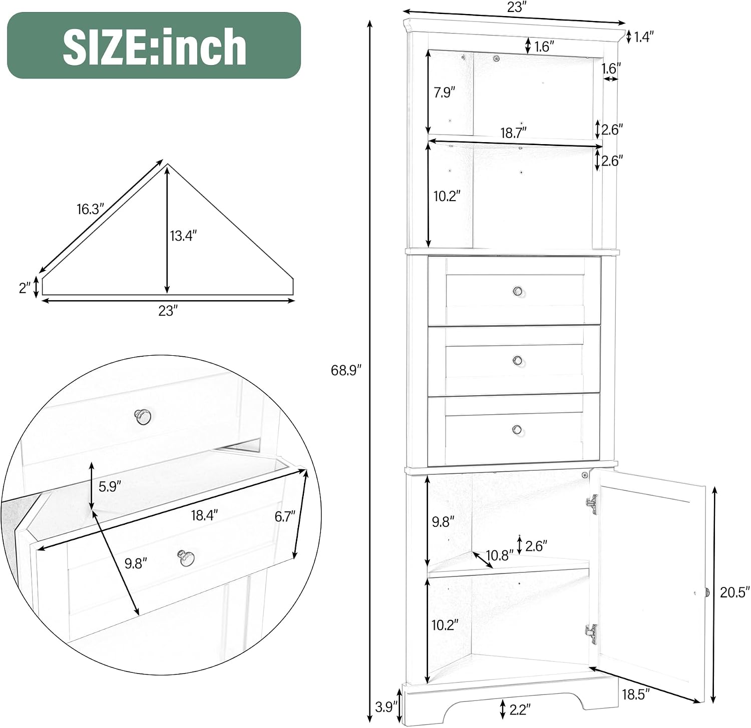Triangle Tall Bathroom Storage Cabinet, Corner Storage Cabinet | with 3 Drawers, 1 Cabinet & Adjustable Shelves for Bathroom Kitchen Living Room (Green, 23'W x 13.4'D x 68.9'H)