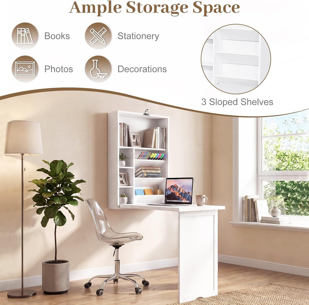 Tangkula Folding Wall Mounted Desk, Convertible Fold Out Floating Table with Storage Shelves, Space-Saving Drop Leaf Table, Murphy Desk for Craft, Study, Small Spaces, Home Office, Dorm, White
